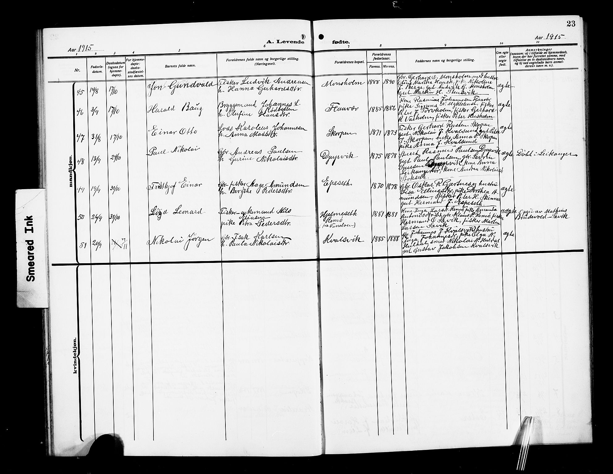 Ministerialprotokoller, klokkerbøker og fødselsregistre - Møre og Romsdal, AV/SAT-A-1454/507/L0083: Parish register (copy) no. 507C06, 1912-1919, p. 23