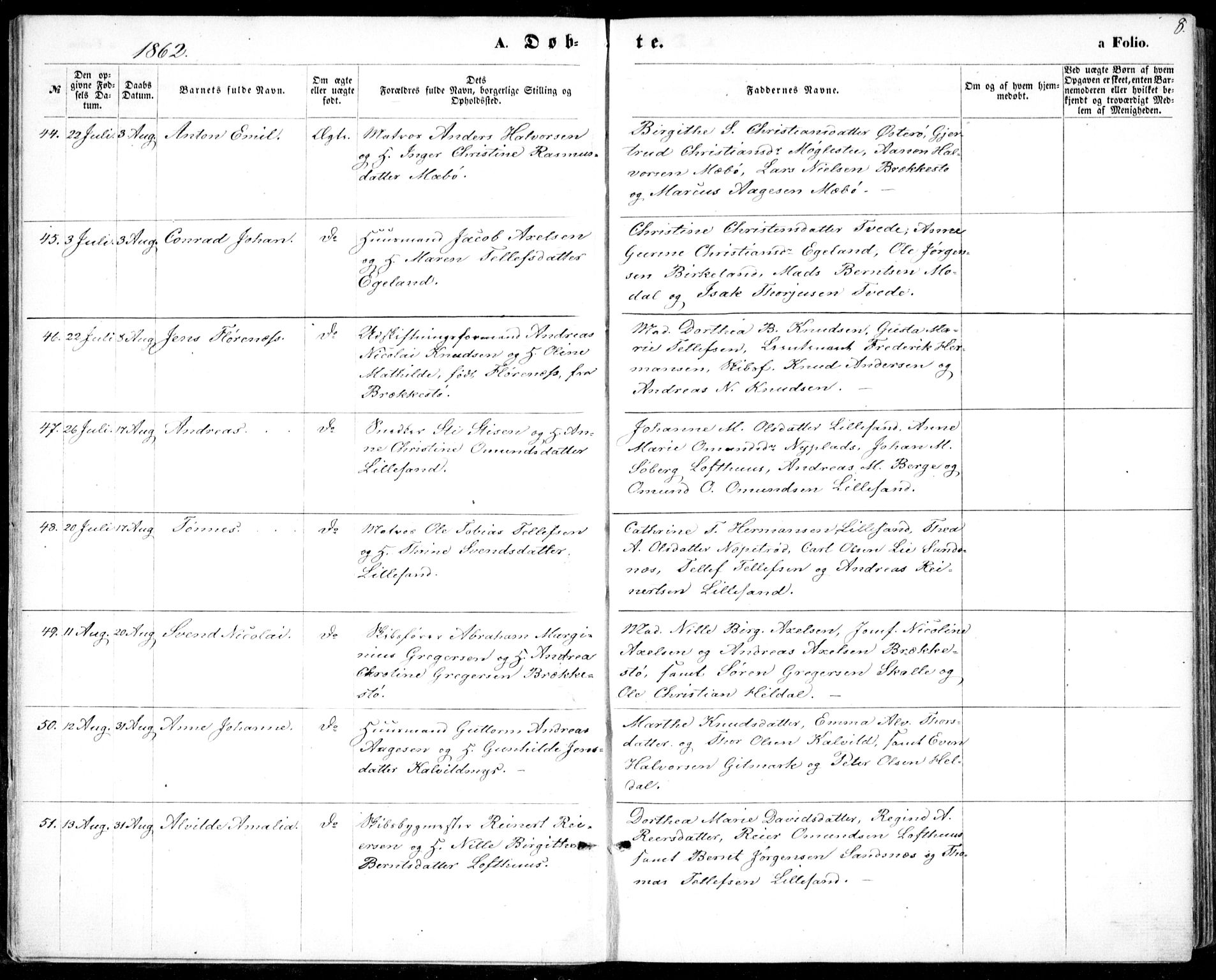 Vestre Moland sokneprestkontor, AV/SAK-1111-0046/F/Fb/Fbb/L0004: Parish register (copy) no. B 4, 1861-1872, p. 8