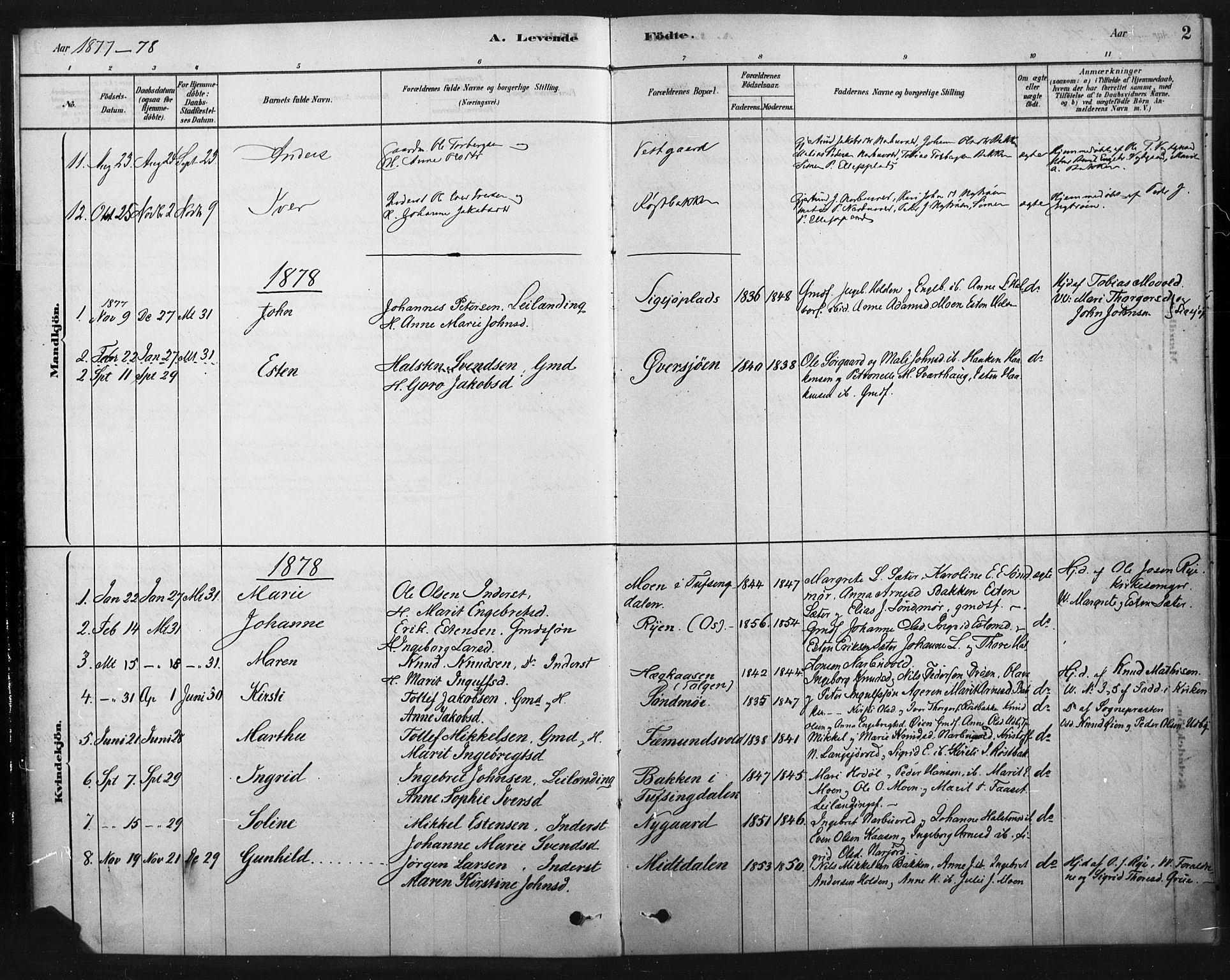 Tolga prestekontor, AV/SAH-PREST-062/K/L0007: Parish register (official) no. 7, 1877-1900, p. 2