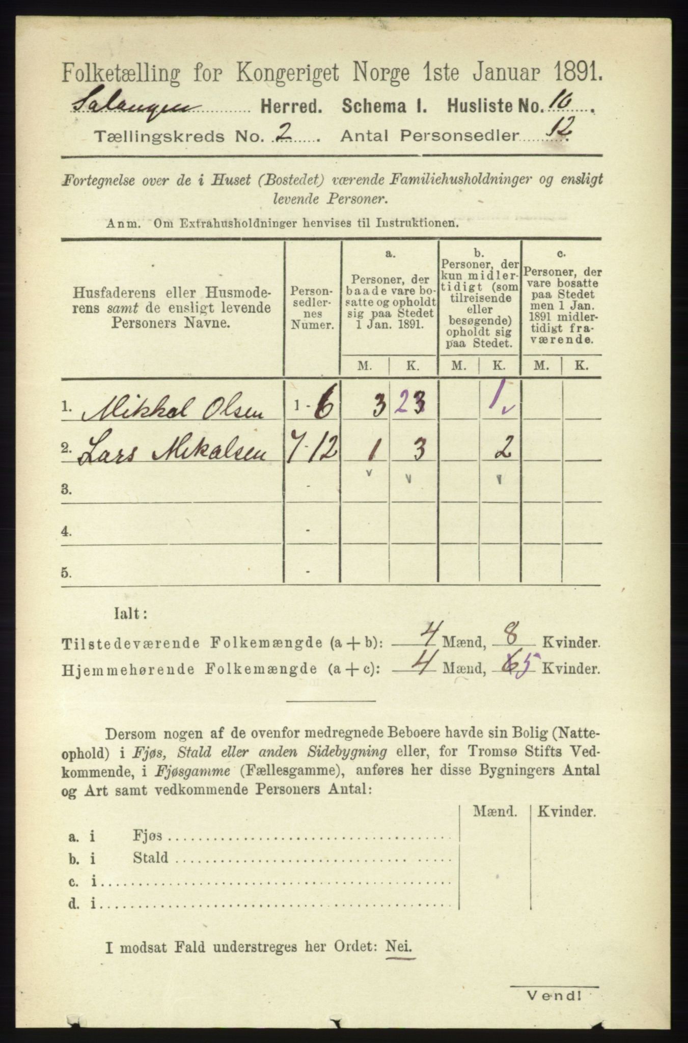 RA, 1891 census for 1921 Salangen, 1891, p. 484