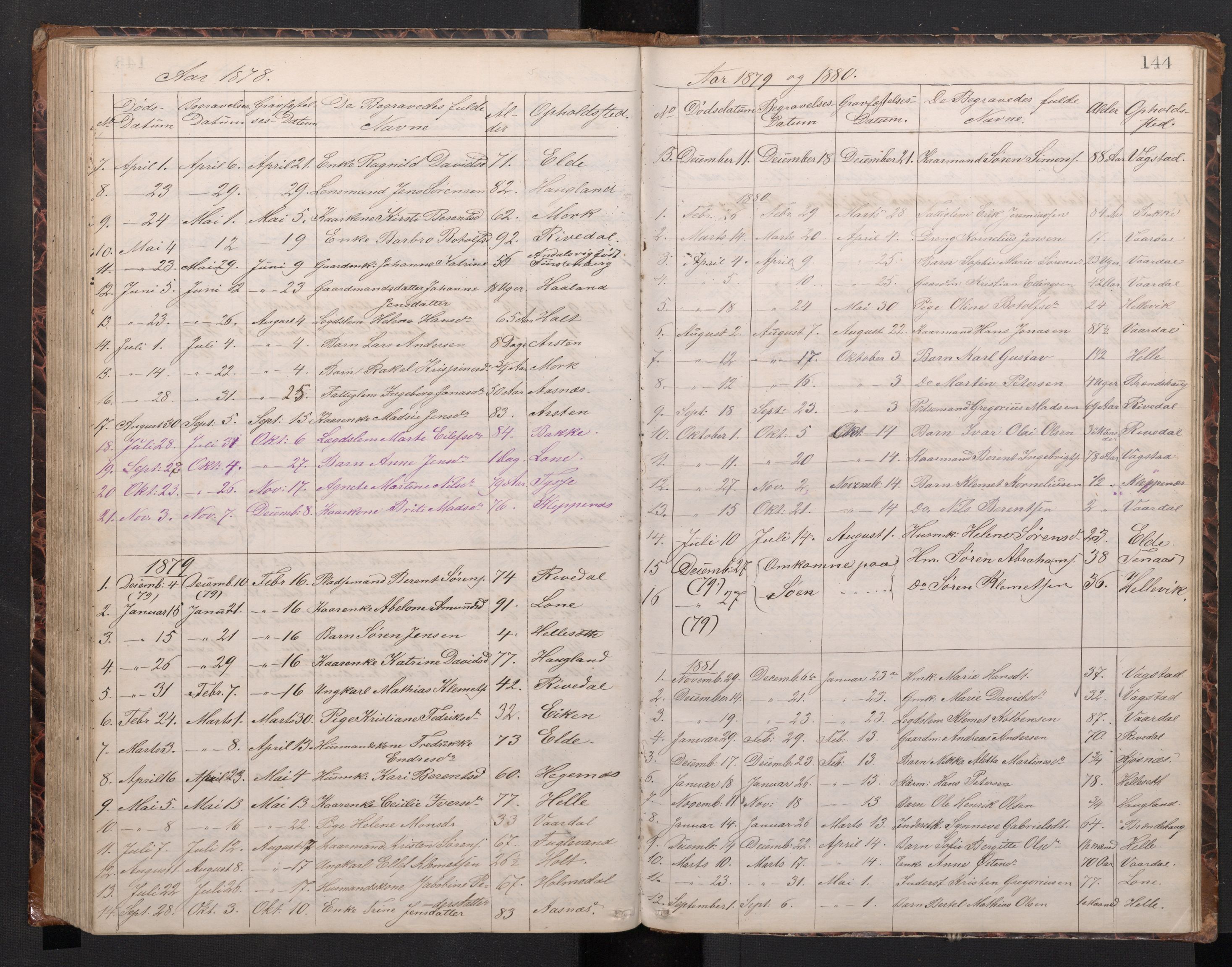 Fjaler sokneprestembete, AV/SAB-A-79801/H/Hab/Habb/L0001: Parish register (copy) no. B 1, 1865-1894, p. 143b-144a