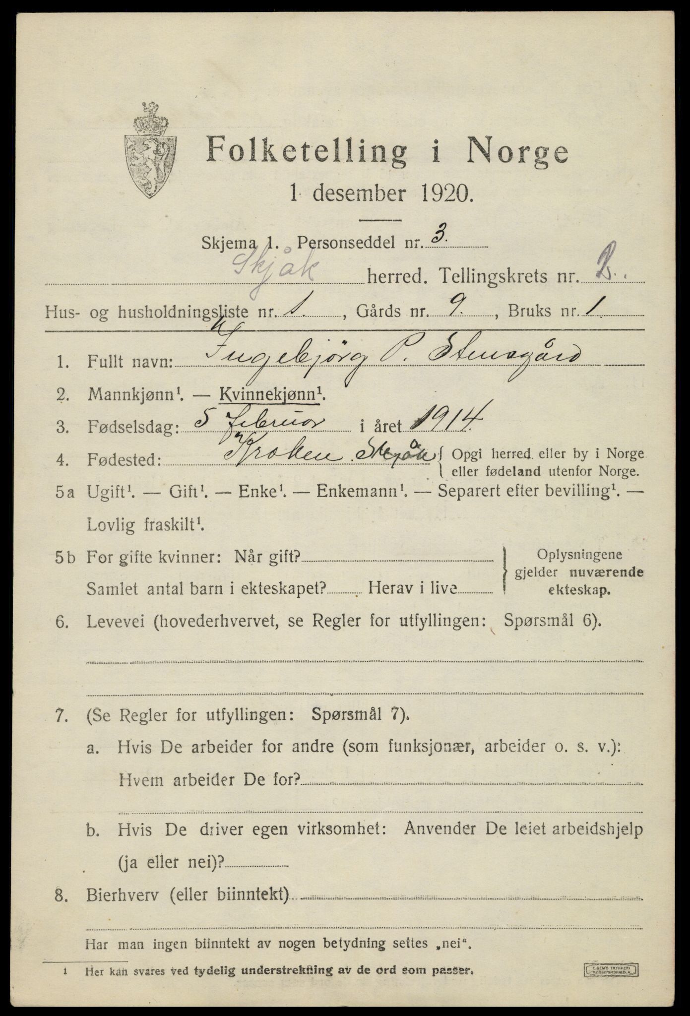 SAH, 1920 census for Skjåk, 1920, p. 1080