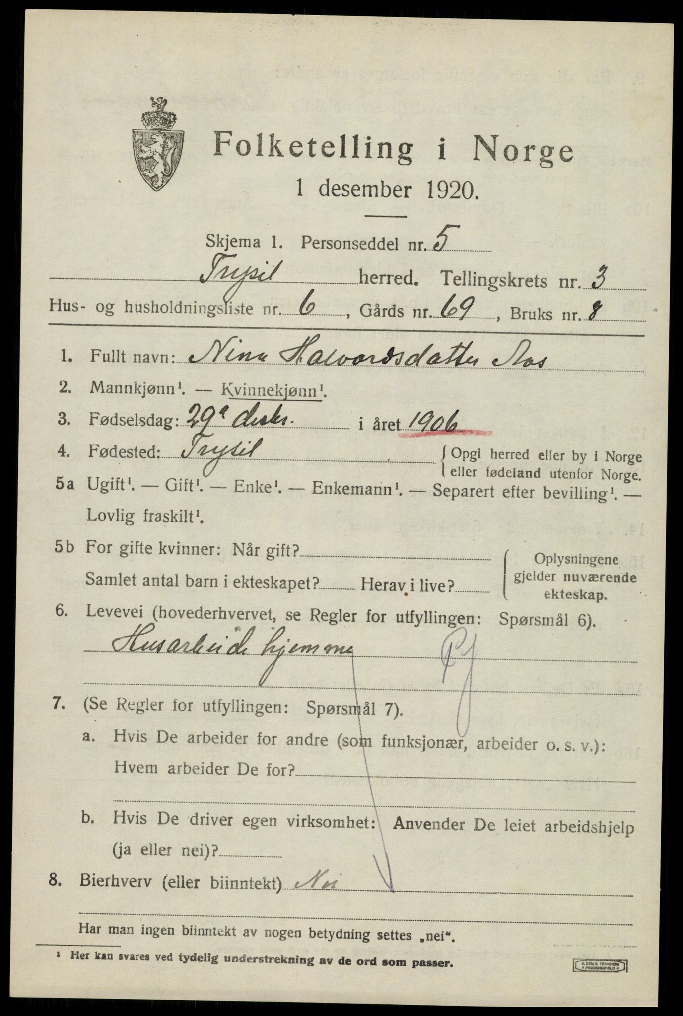 SAH, 1920 census for Trysil, 1920, p. 3551