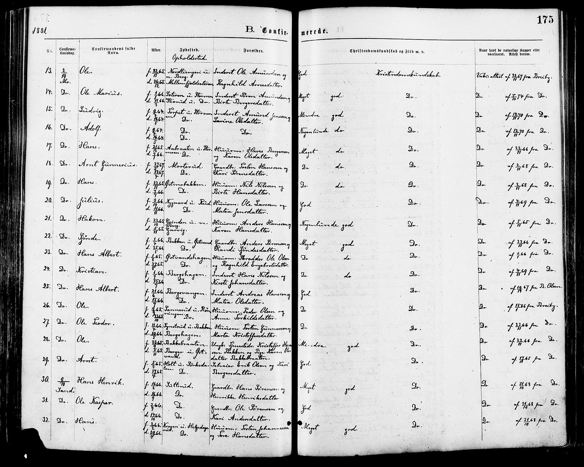 Nord-Odal prestekontor, AV/SAH-PREST-032/H/Ha/Haa/L0005: Parish register (official) no. 5, 1874-1885, p. 175