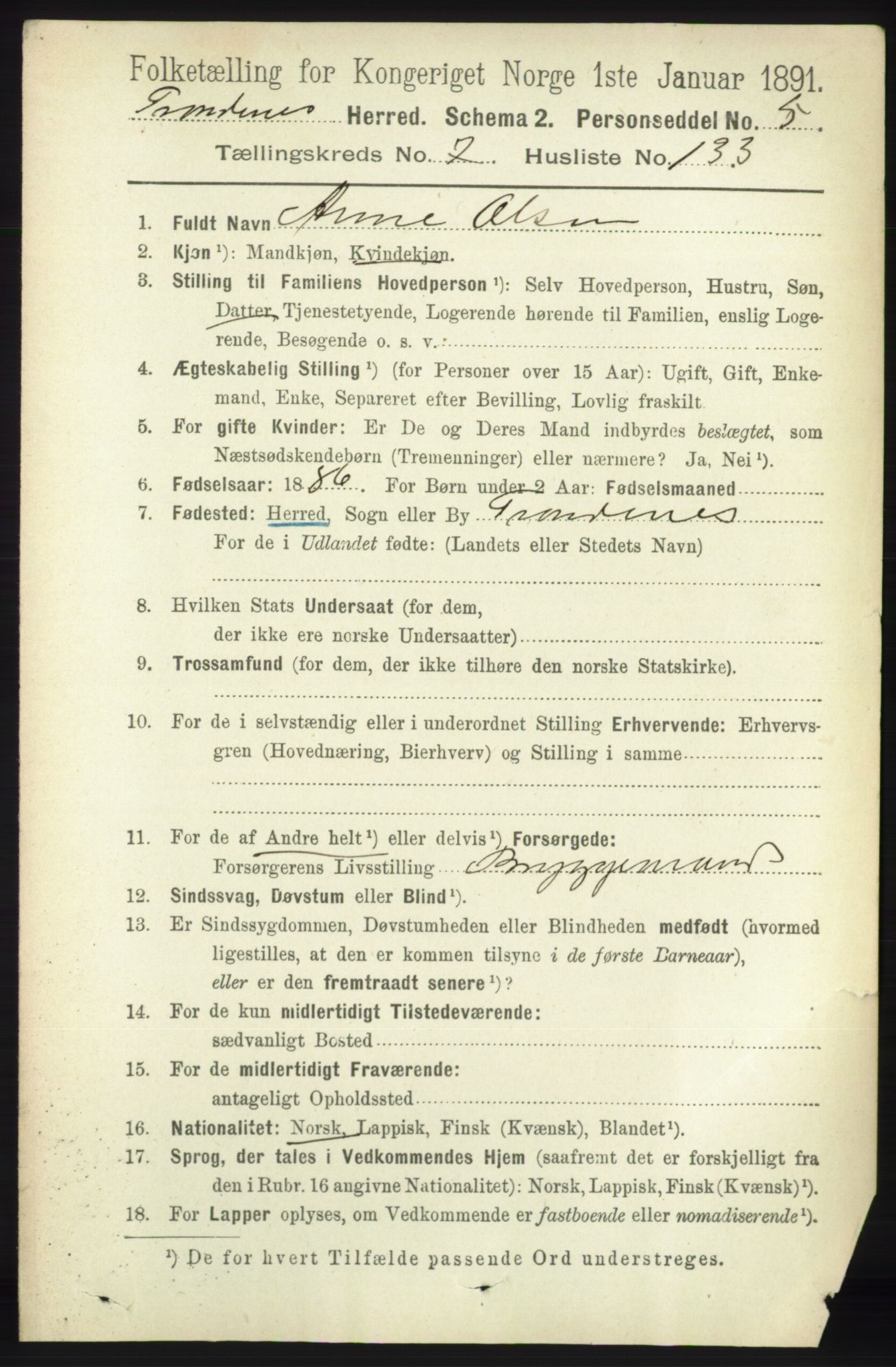 RA, 1891 census for 1914 Trondenes, 1891, p. 5329