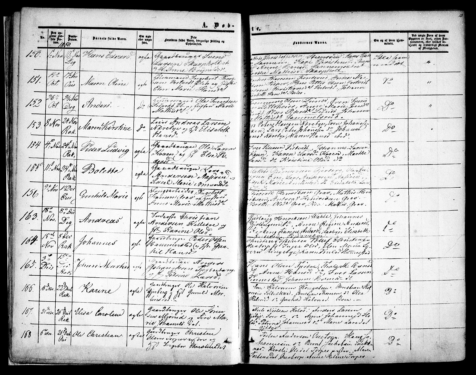 Rakkestad prestekontor Kirkebøker, AV/SAO-A-2008/F/Fa/L0009: Parish register (official) no. I 9, 1850-1856, p. 13