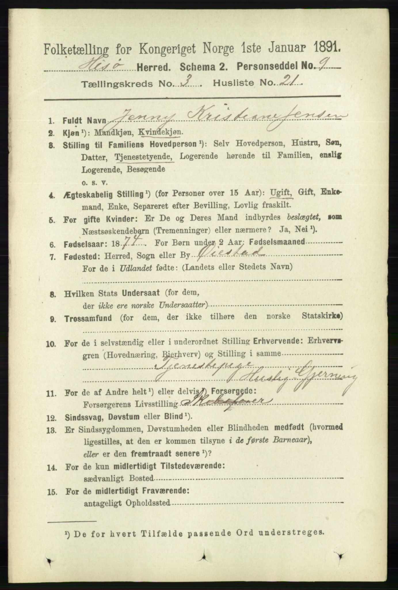 RA, 1891 census for 0922 Hisøy, 1891, p. 2374