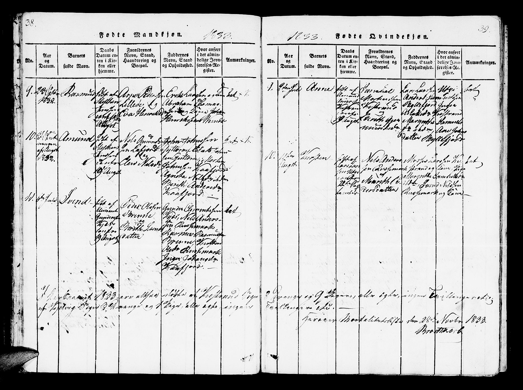 Kistrand/Porsanger sokneprestembete, AV/SATØ-S-1351/H/Ha/L0003.kirke: Parish register (official) no. 3, 1825-1842, p. 38-39