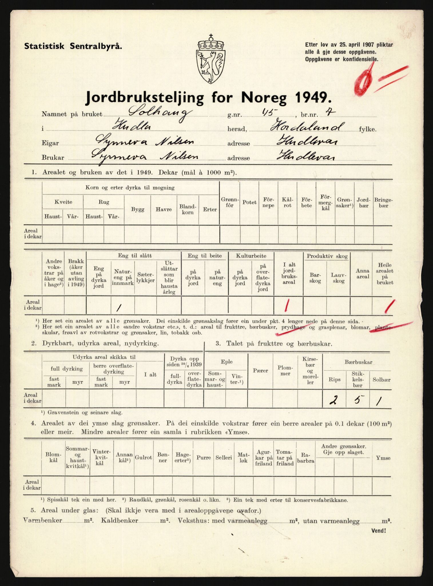 Statistisk sentralbyrå, Næringsøkonomiske emner, Jordbruk, skogbruk, jakt, fiske og fangst, AV/RA-S-2234/G/Gc/L0276: Hordaland: Herdla og Hjelme, 1949, p. 6