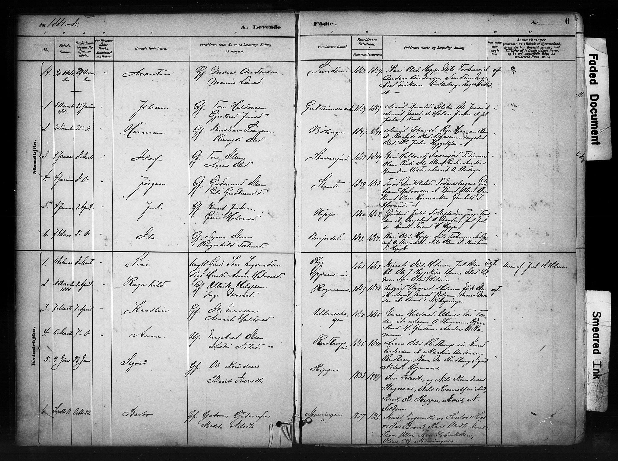Nord-Aurdal prestekontor, SAH/PREST-132/H/Ha/Haa/L0011: Parish register (official) no. 11, 1883-1896, p. 6