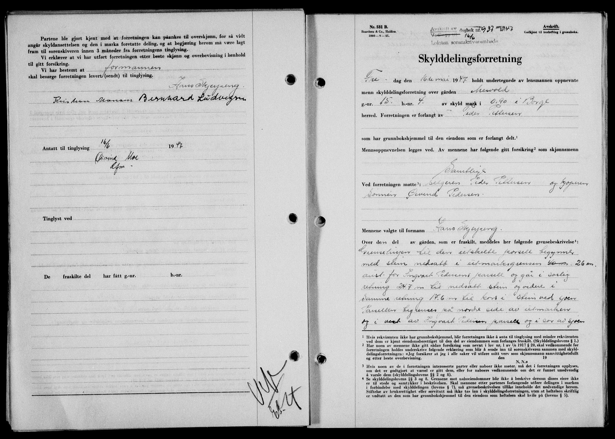 Lofoten sorenskriveri, SAT/A-0017/1/2/2C/L0016a: Mortgage book no. 16a, 1947-1947, Diary no: : 937/1947