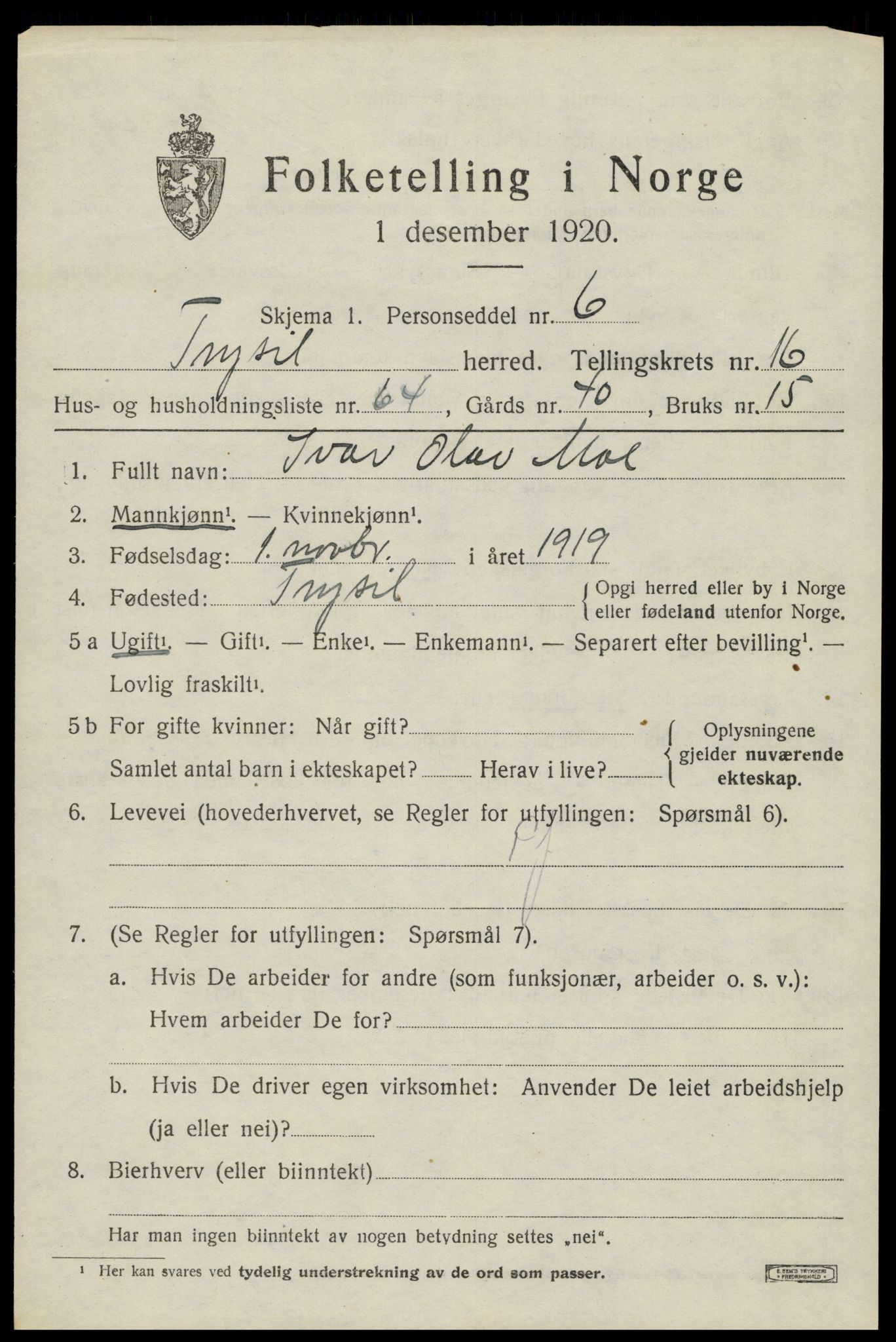 SAH, 1920 census for Trysil, 1920, p. 10177