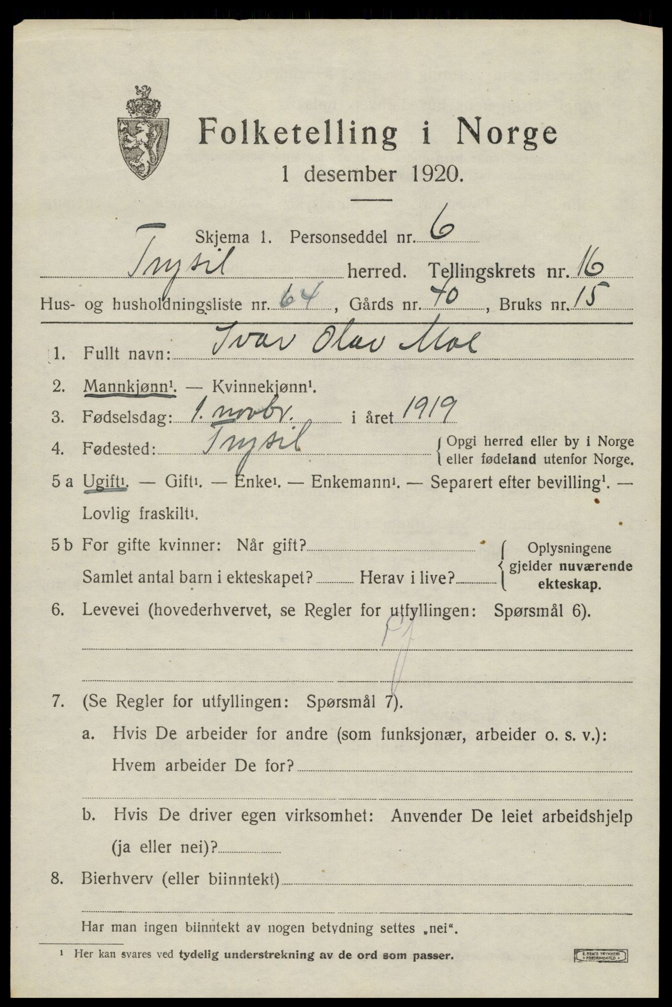 SAH, 1920 census for Trysil, 1920, p. 10177