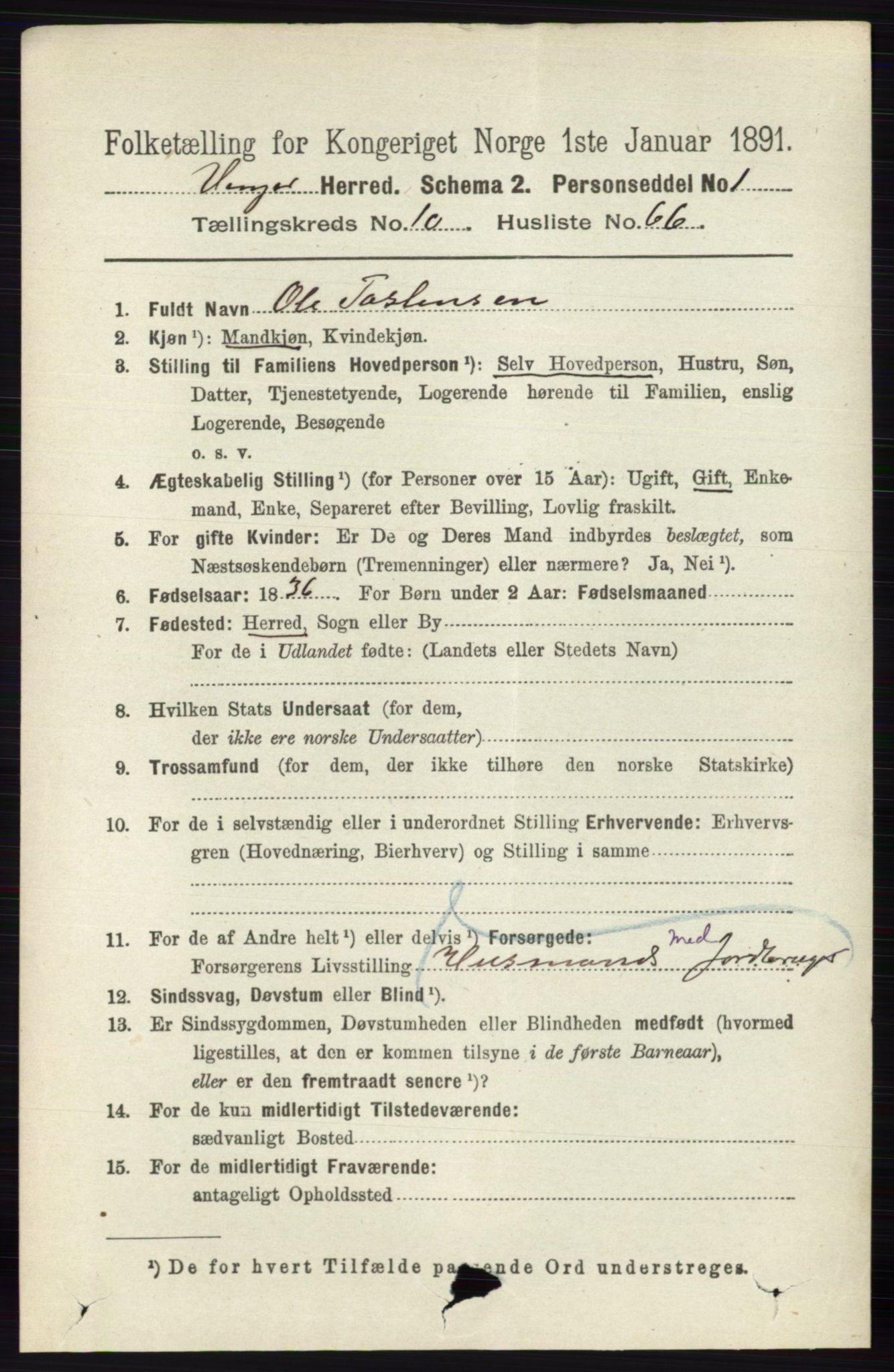 RA, 1891 census for 0421 Vinger, 1891, p. 5278