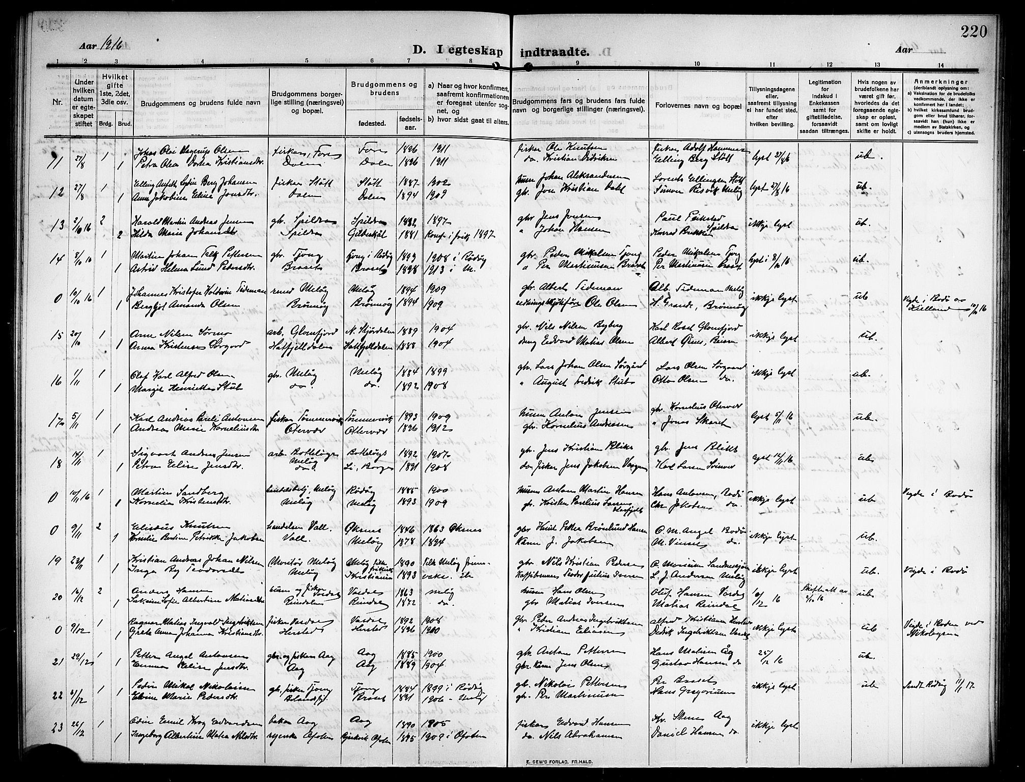 Ministerialprotokoller, klokkerbøker og fødselsregistre - Nordland, AV/SAT-A-1459/843/L0639: Parish register (copy) no. 843C08, 1908-1924, p. 220