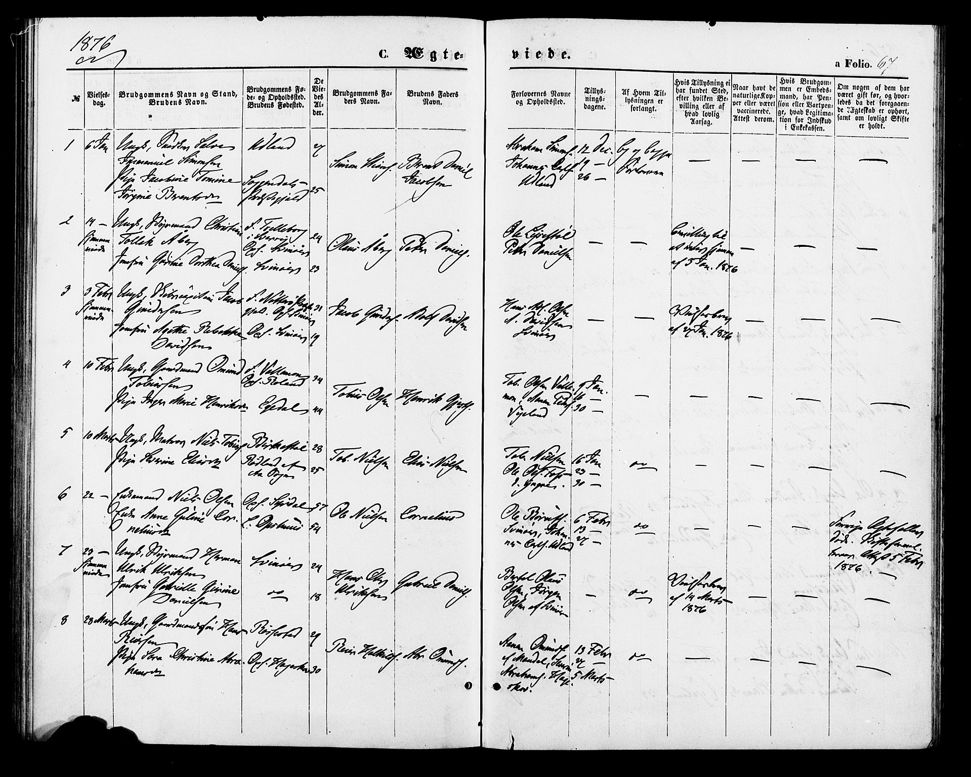 Sør-Audnedal sokneprestkontor, SAK/1111-0039/F/Fa/Fab/L0008: Parish register (official) no. A 8, 1876-1881, p. 67