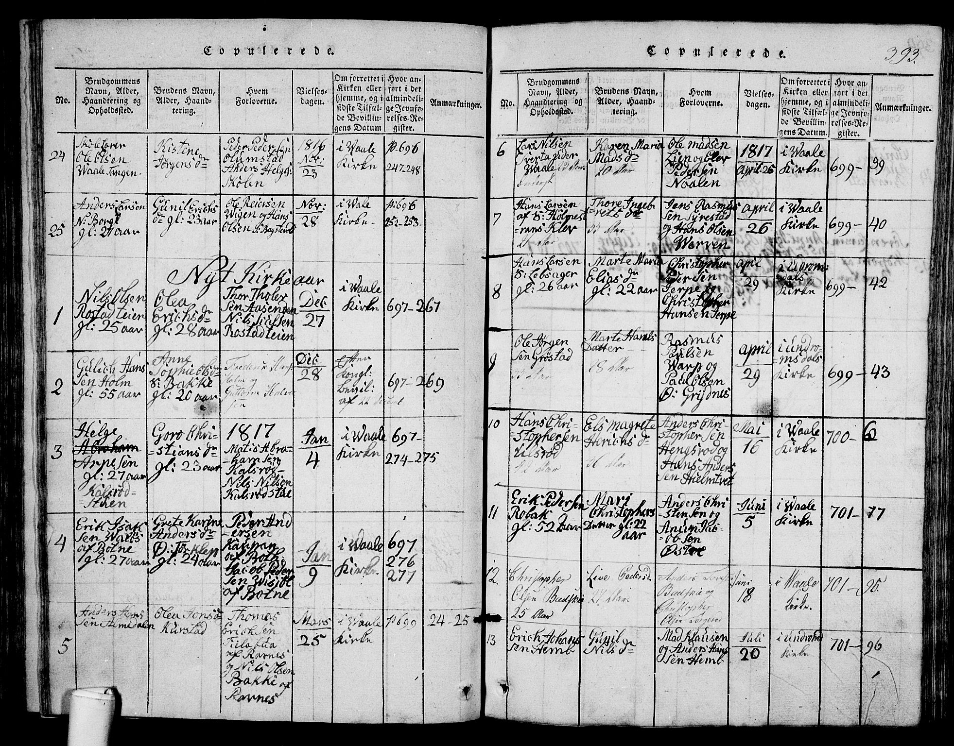 Våle kirkebøker, AV/SAKO-A-334/G/Ga/L0001: Parish register (copy) no. I 1, 1814-1824, p. 392-393