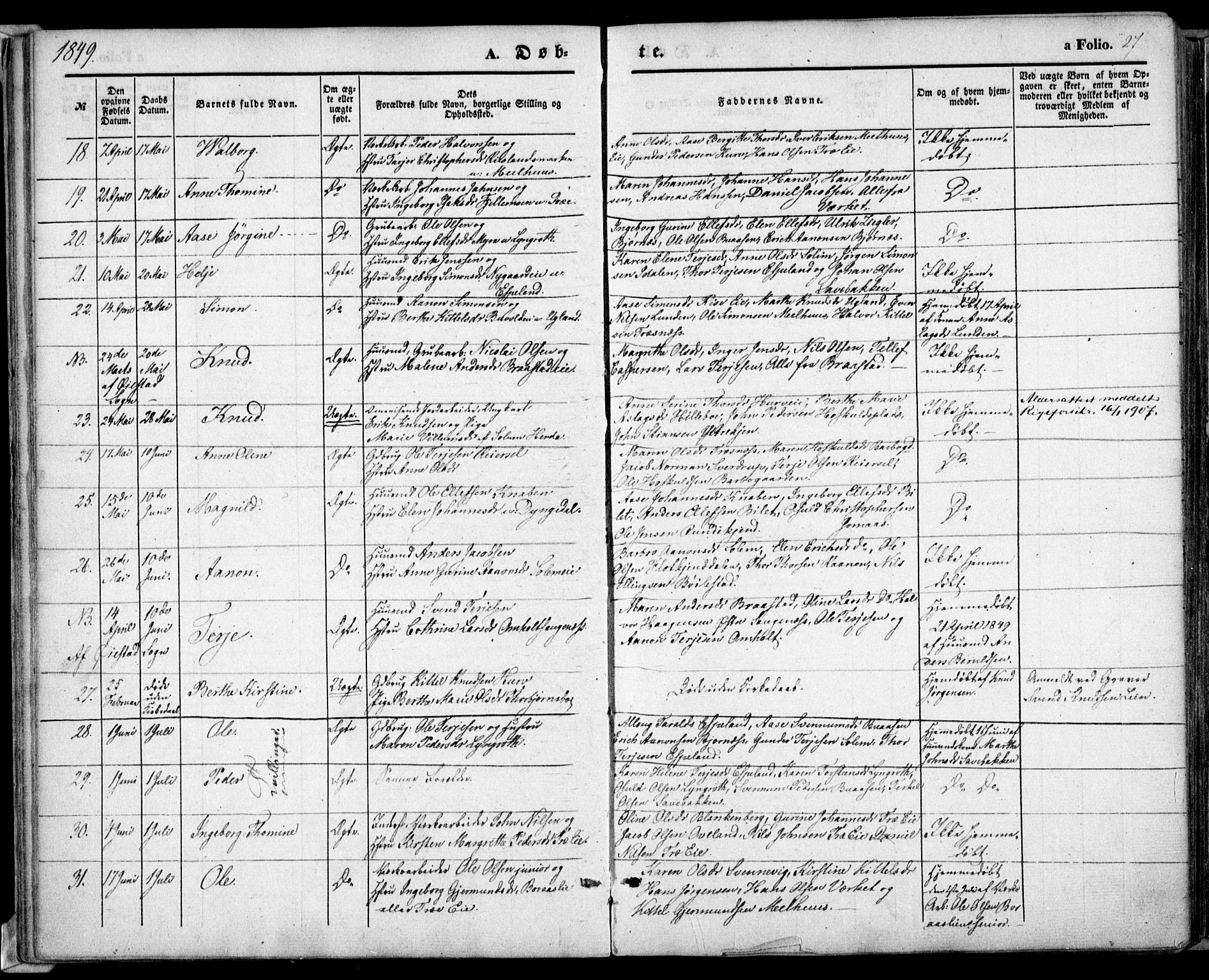 Froland sokneprestkontor, SAK/1111-0013/F/Fa/L0002: Parish register (official) no. A 2, 1845-1863, p. 27