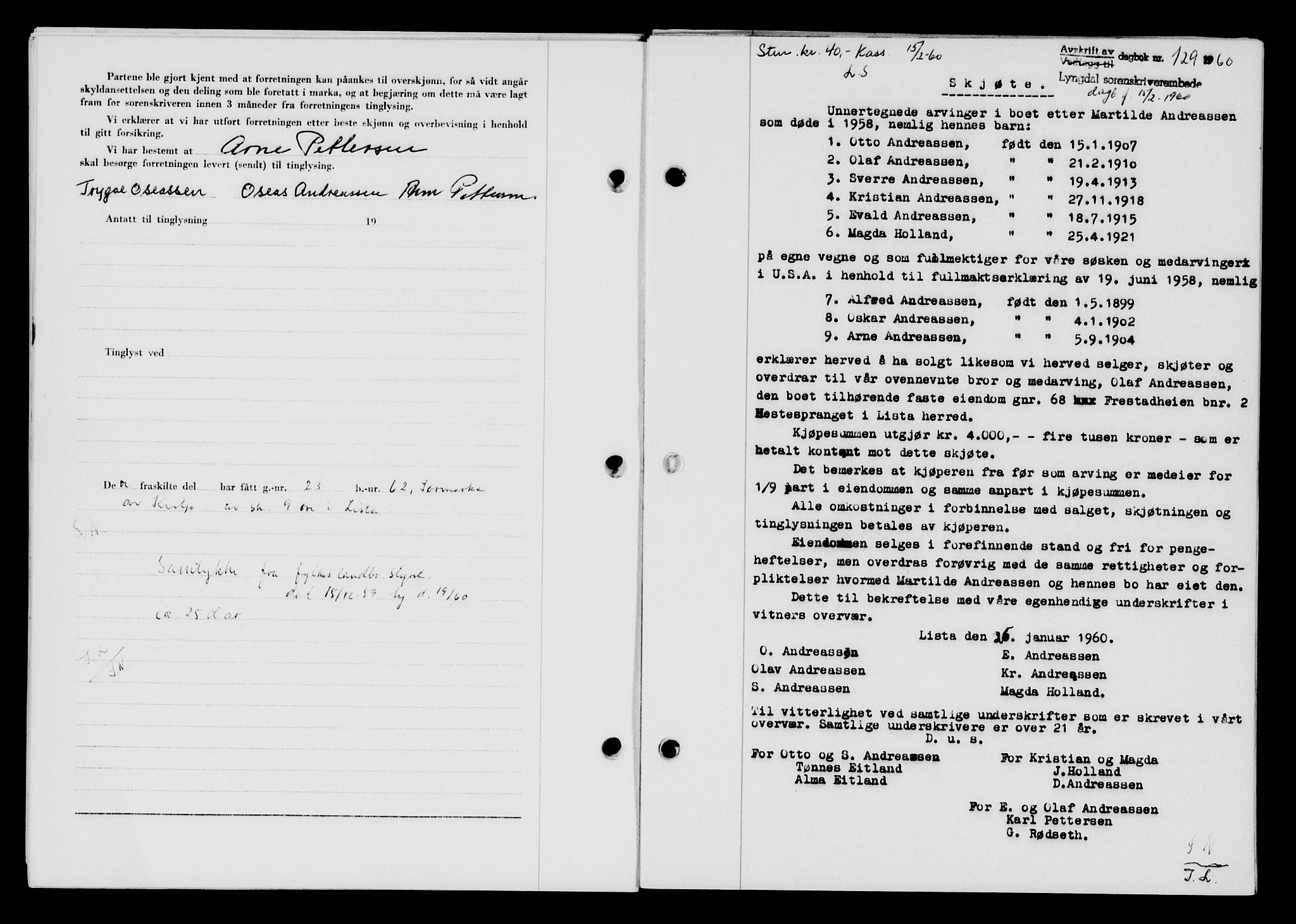 Lyngdal sorenskriveri, AV/SAK-1221-0004/G/Gb/L0679: Mortgage book no. A XXV, 1959-1960, Diary no: : 129/1960