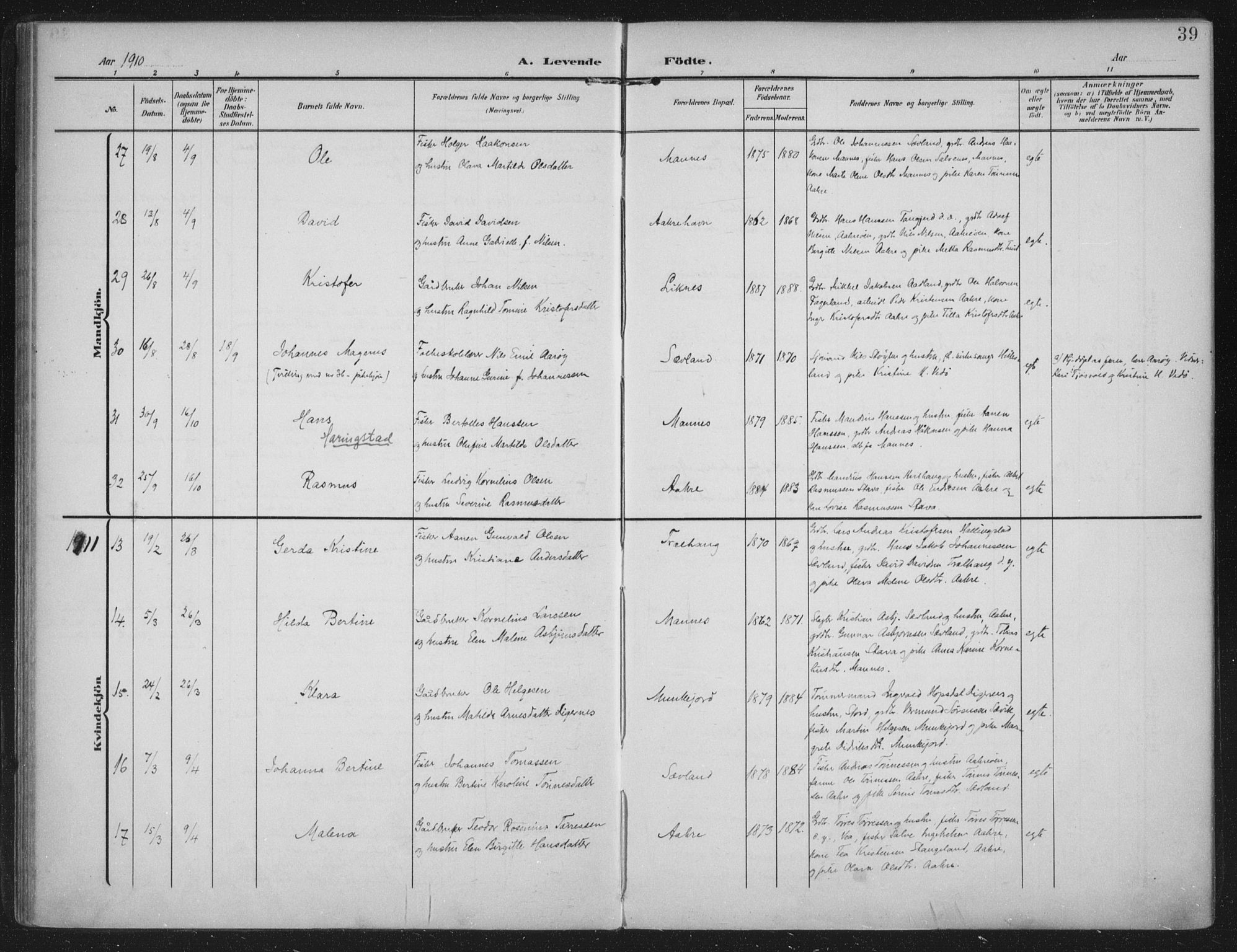 Kopervik sokneprestkontor, AV/SAST-A-101850/H/Ha/Haa/L0005: Parish register (official) no. A 5, 1906-1924, p. 39