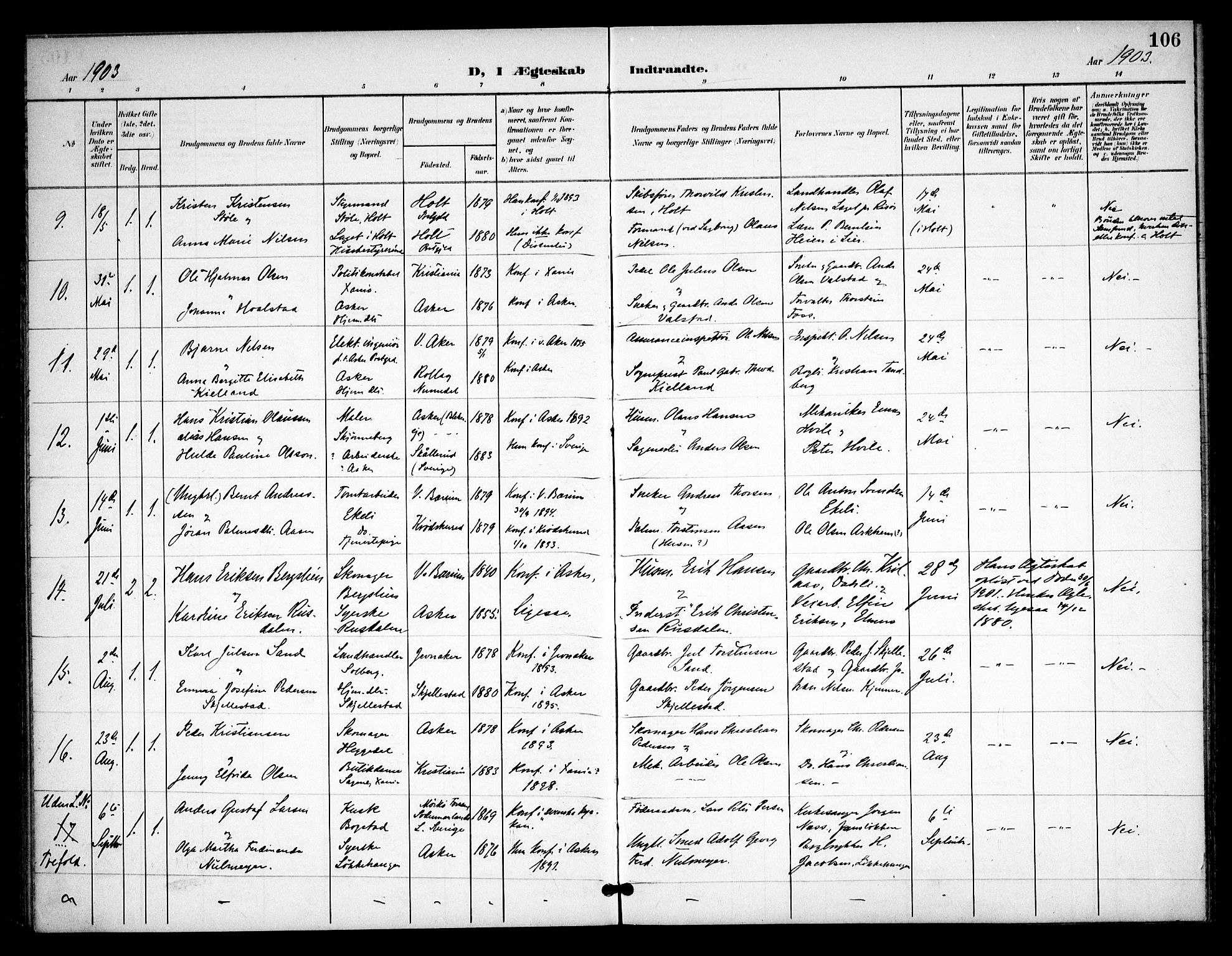 Asker prestekontor Kirkebøker, AV/SAO-A-10256a/F/Fa/L0016: Parish register (official) no. I 16, 1900-1917, p. 106