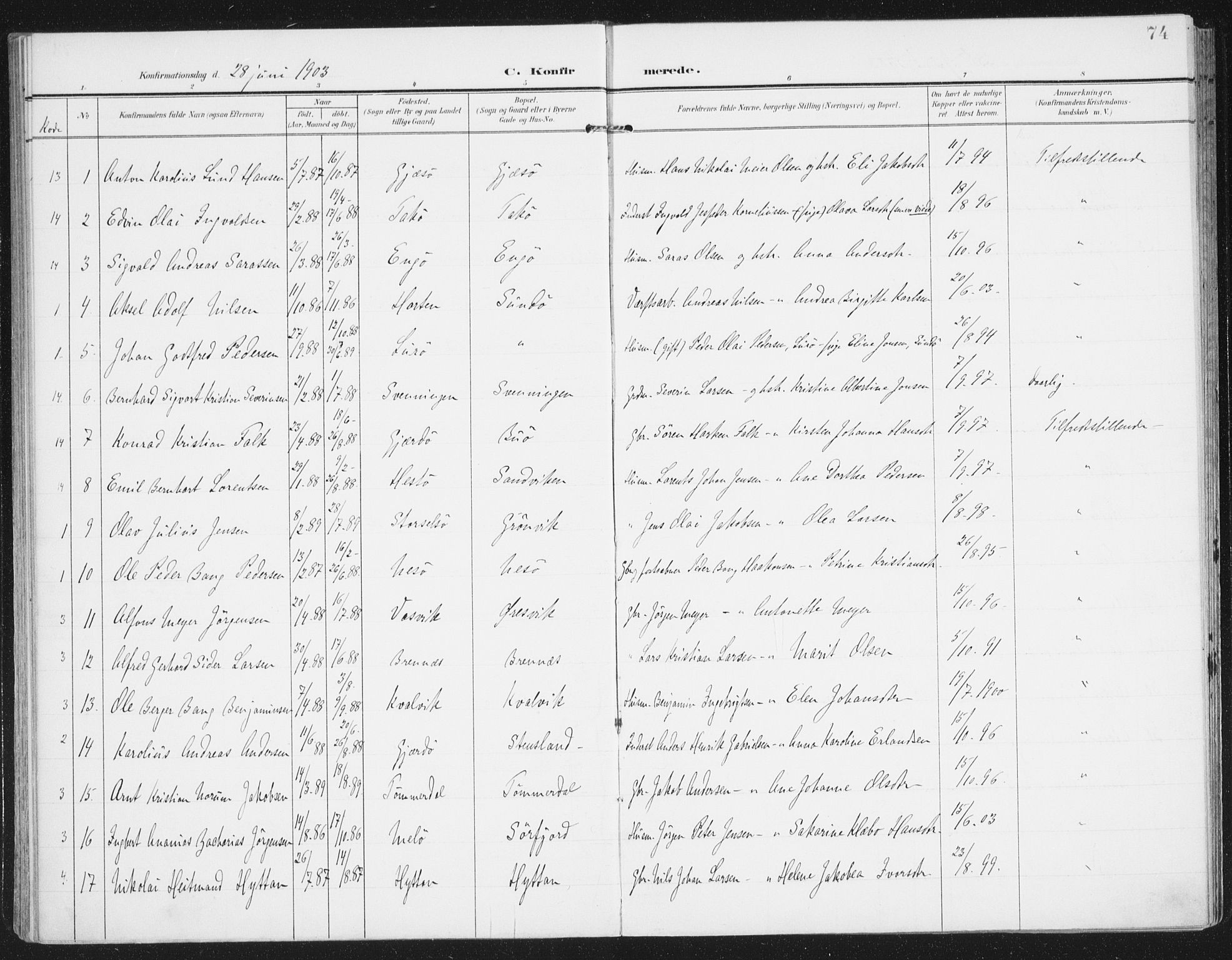 Ministerialprotokoller, klokkerbøker og fødselsregistre - Nordland, AV/SAT-A-1459/841/L0612: Parish register (official) no. 841A15, 1902-1910, p. 74