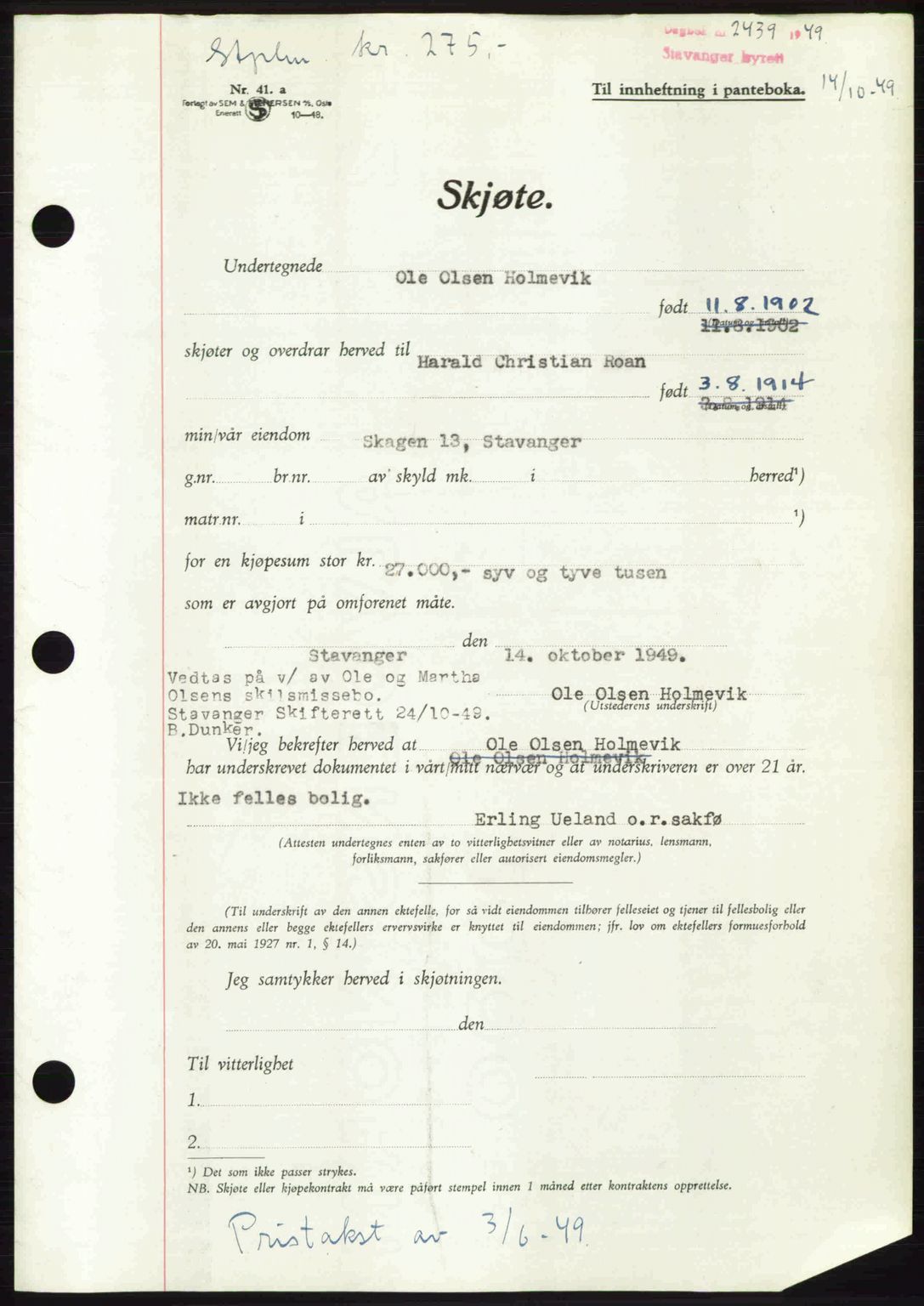 Stavanger byrett, SAST/A-100455/002/G/Gb/L0023: Mortgage book no. A12, 1948-1949, Diary no: : 2439/1949