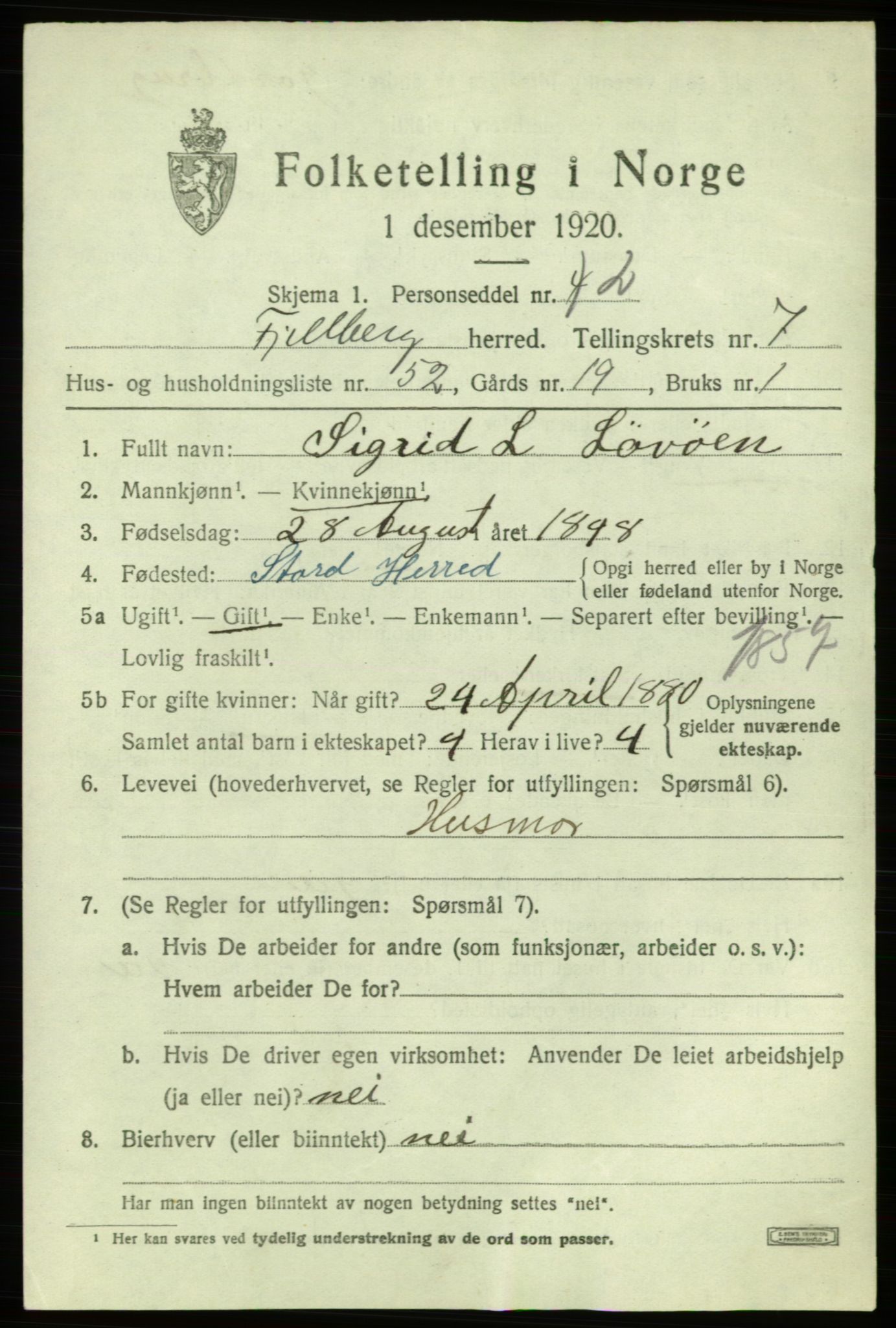 SAB, 1920 census for Fjelberg, 1920, p. 3269