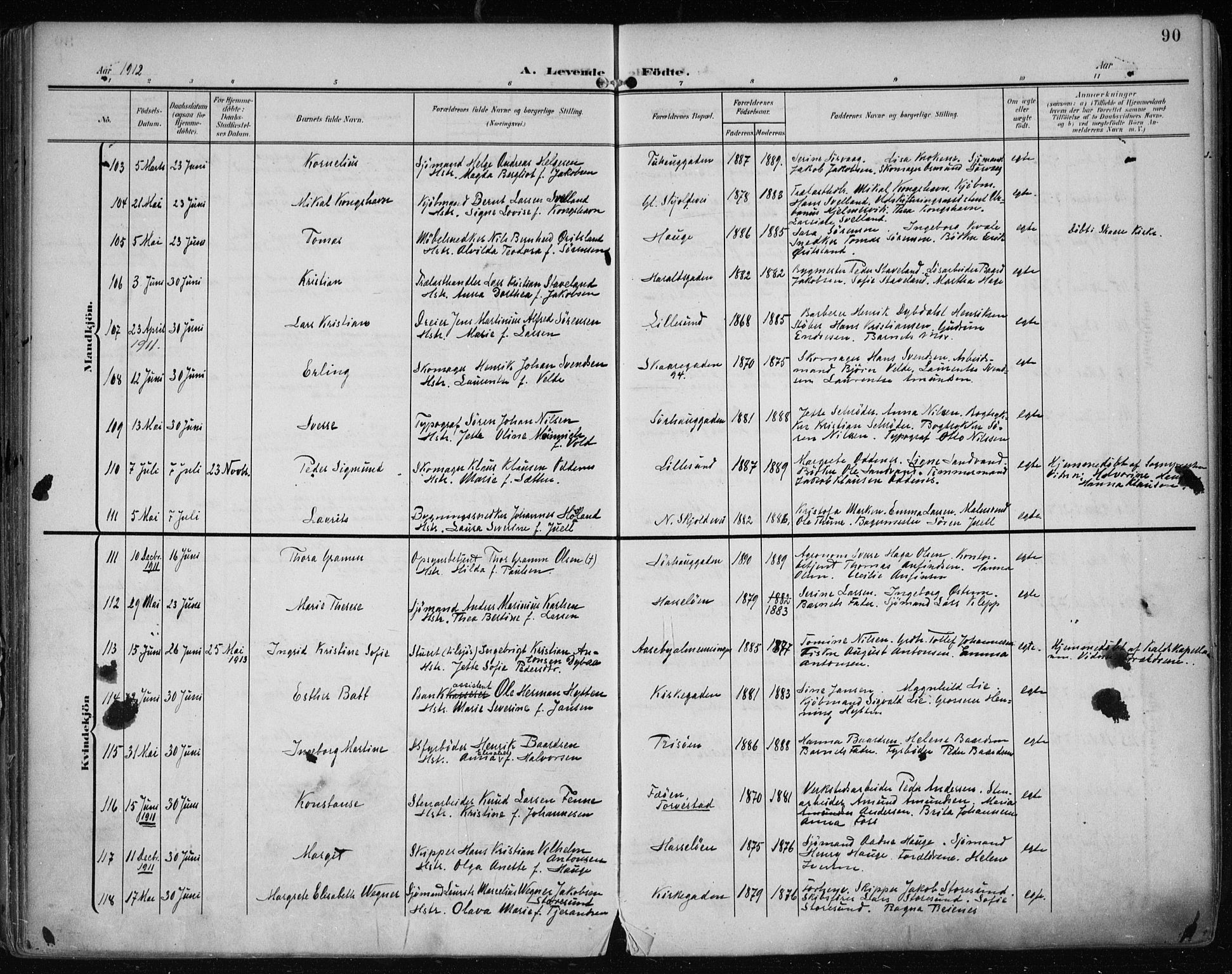 Haugesund sokneprestkontor, AV/SAST-A -101863/H/Ha/Haa/L0008: Parish register (official) no. A 8, 1908-1921, p. 90