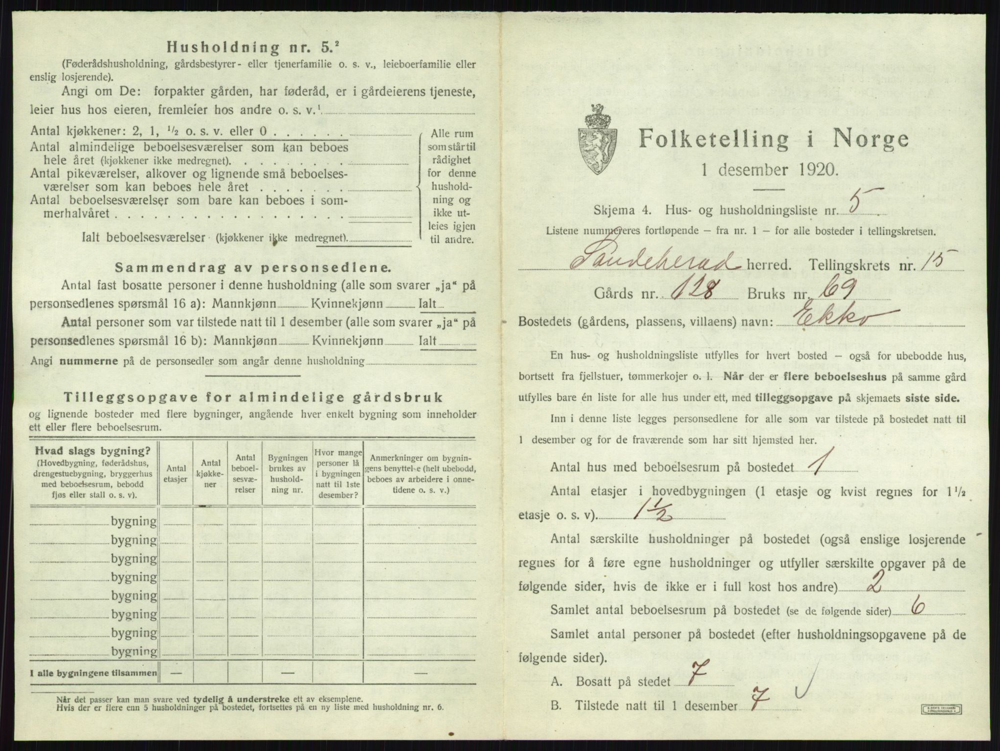 SAKO, 1920 census for Sandeherred, 1920, p. 3243