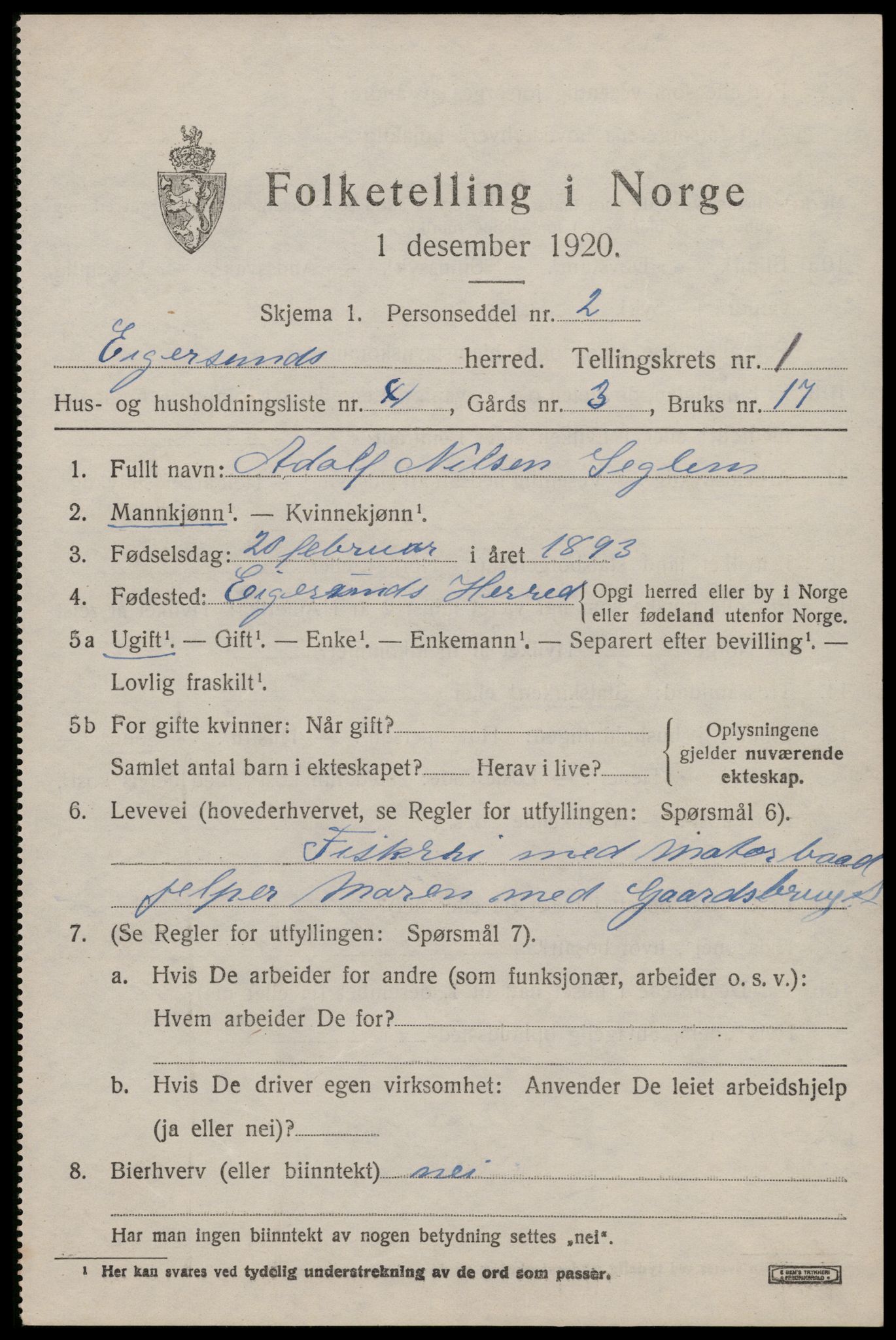 SAST, 1920 census for Eigersund, 1920, p. 1617