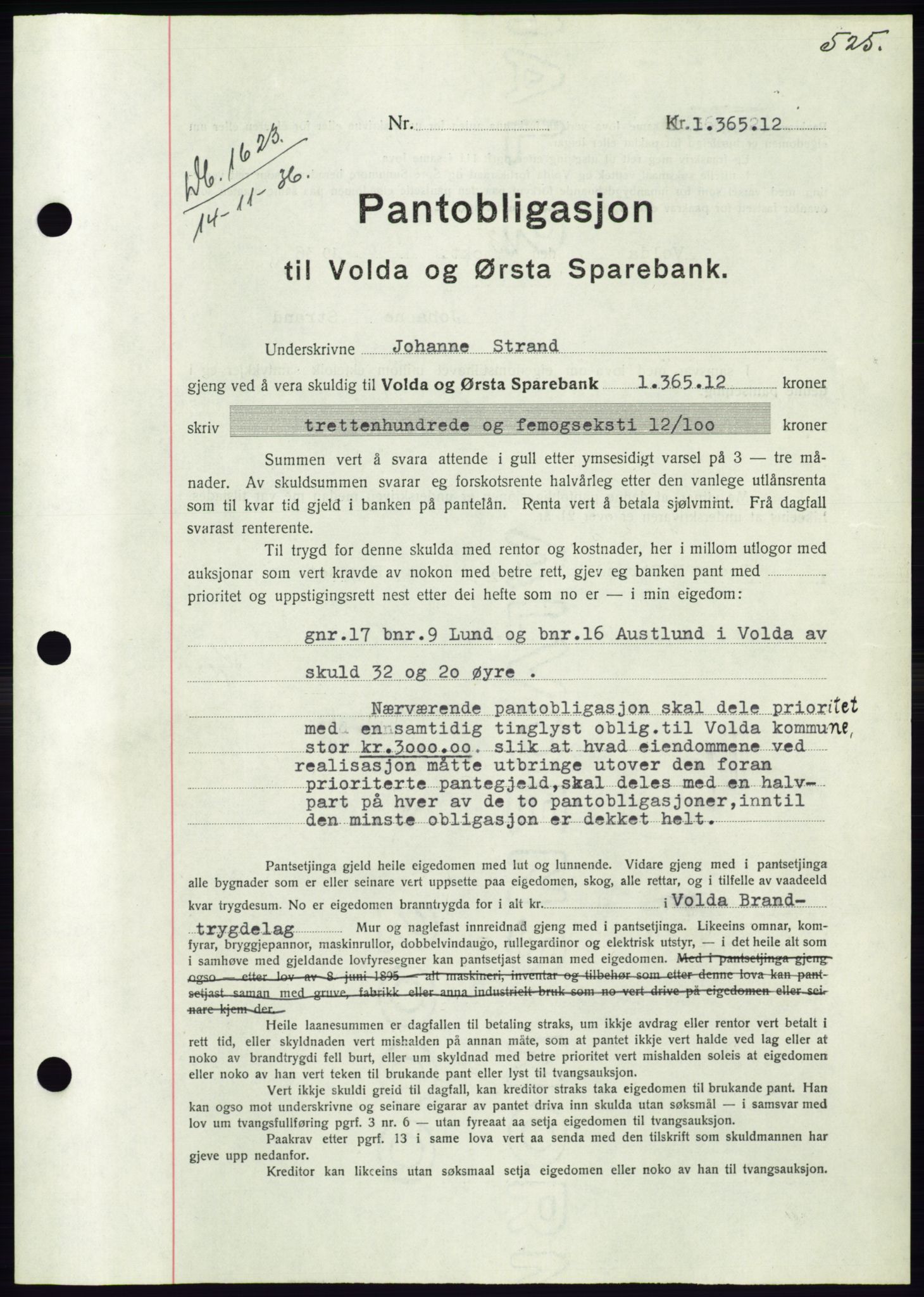 Søre Sunnmøre sorenskriveri, AV/SAT-A-4122/1/2/2C/L0061: Mortgage book no. 55, 1936-1936, Diary no: : 1623/1936