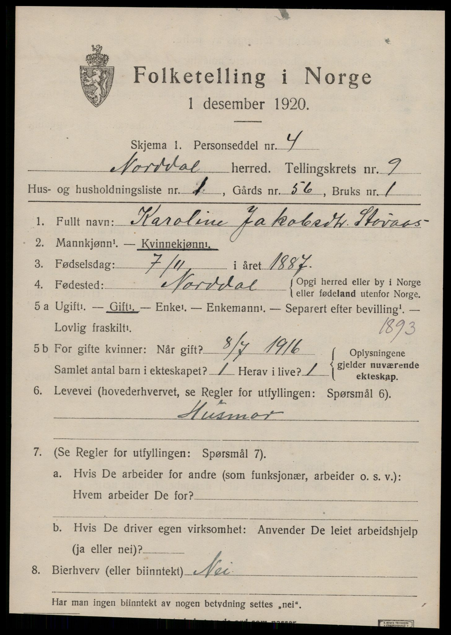 SAT, 1920 census for Norddal, 1920, p. 4795