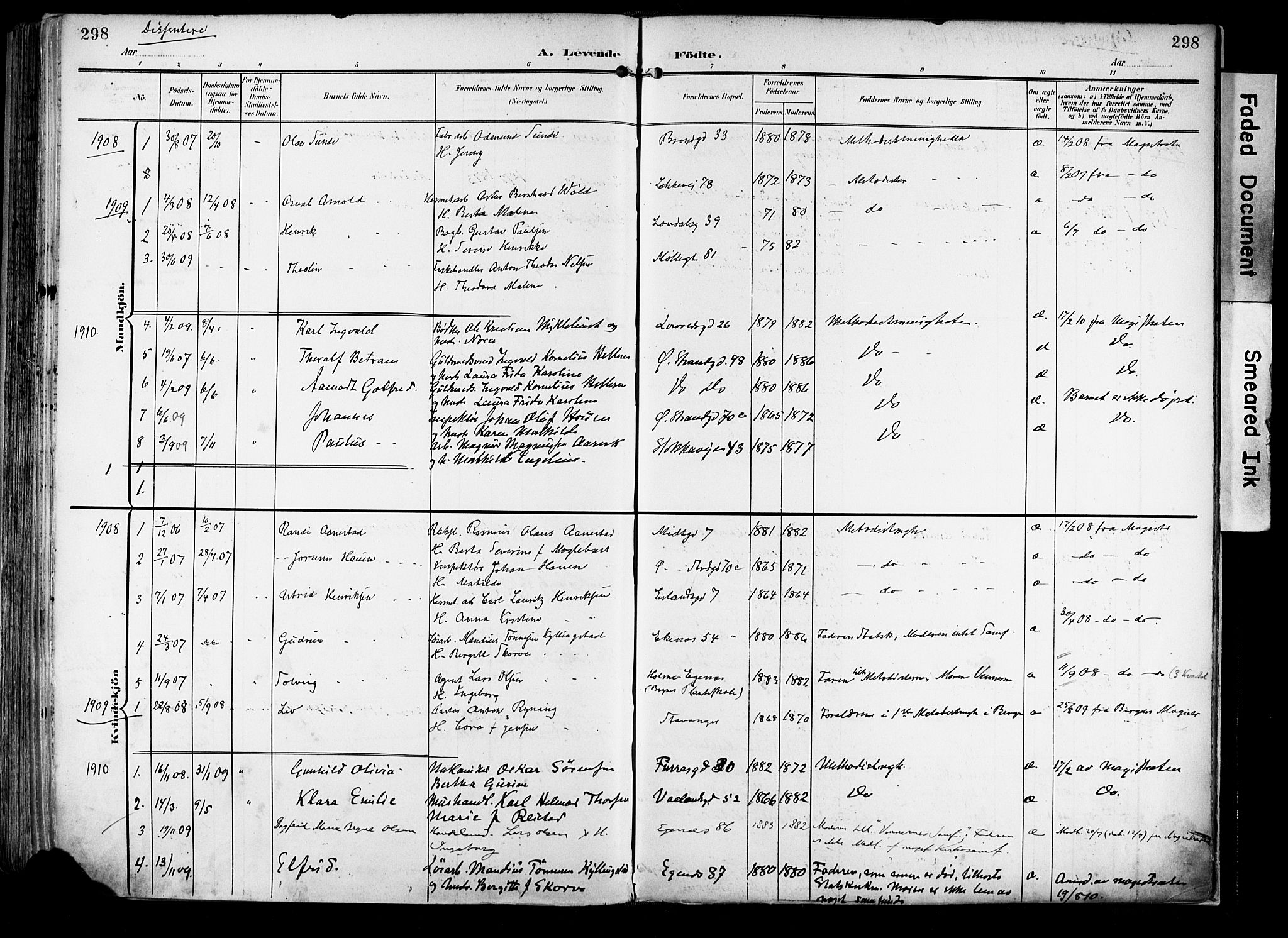 Domkirken sokneprestkontor, SAST/A-101812/001/30/30BA/L0033: Parish register (official) no. A 32, 1903-1915, p. 298