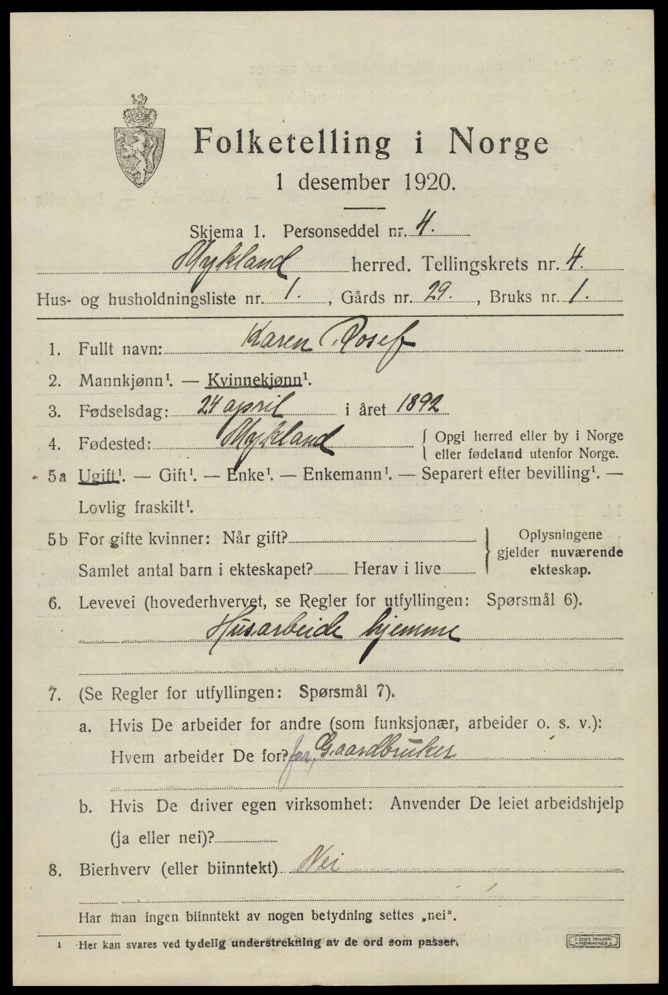 SAK, 1920 census for Mykland, 1920, p. 1328