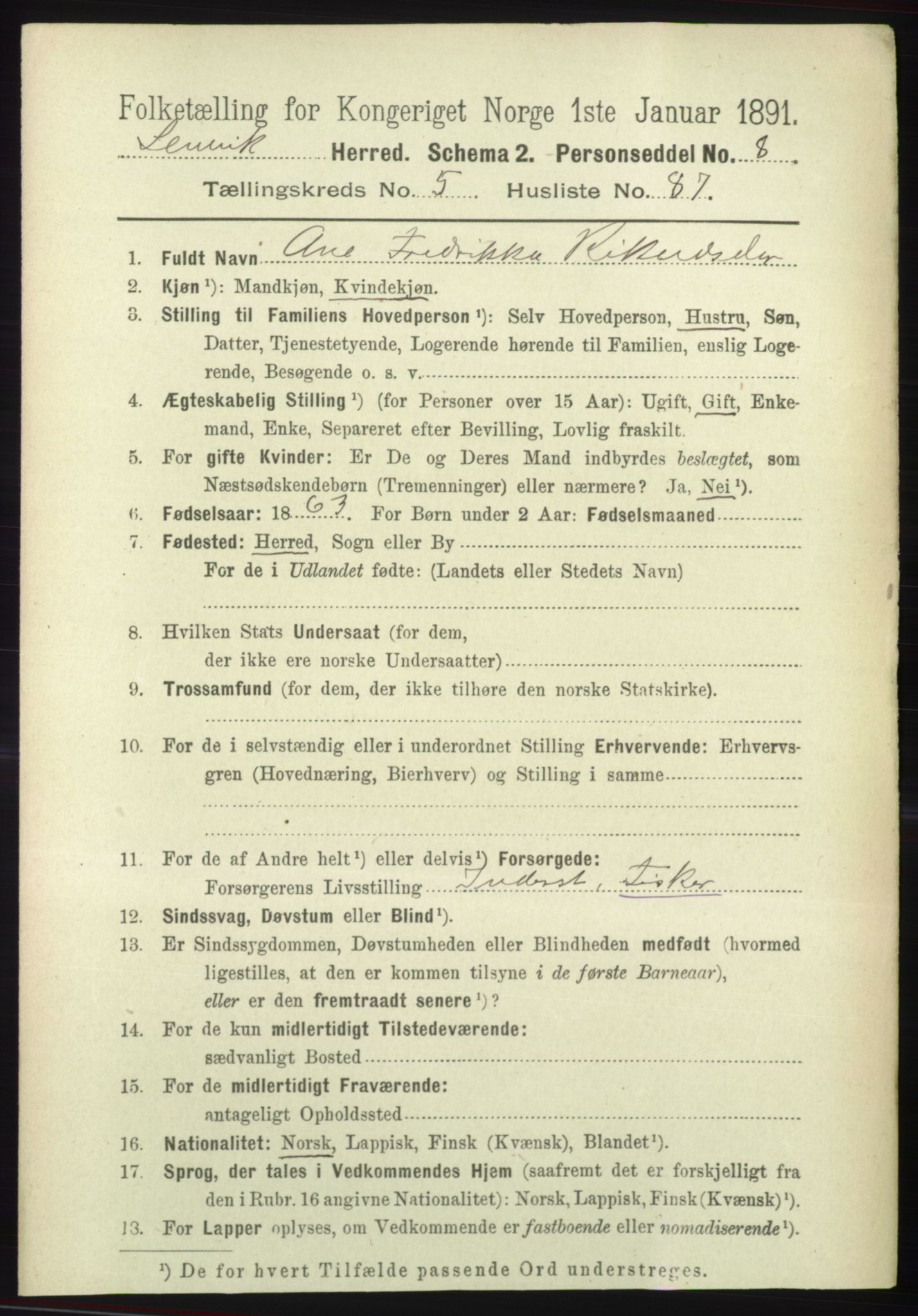 RA, 1891 census for 1931 Lenvik, 1891, p. 3155