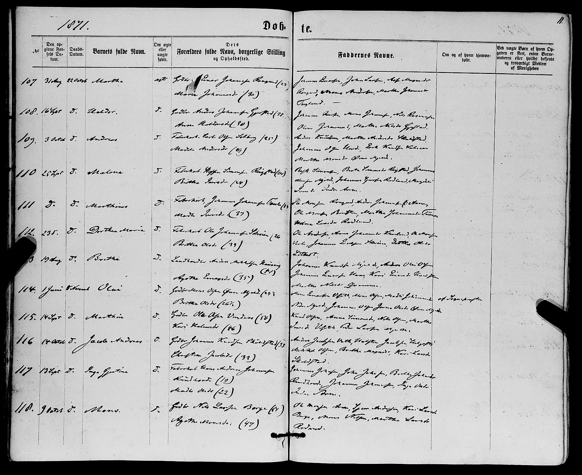 Haus sokneprestembete, AV/SAB-A-75601/H/Haa: Parish register (official) no. A 18, 1871-1877, p. 11