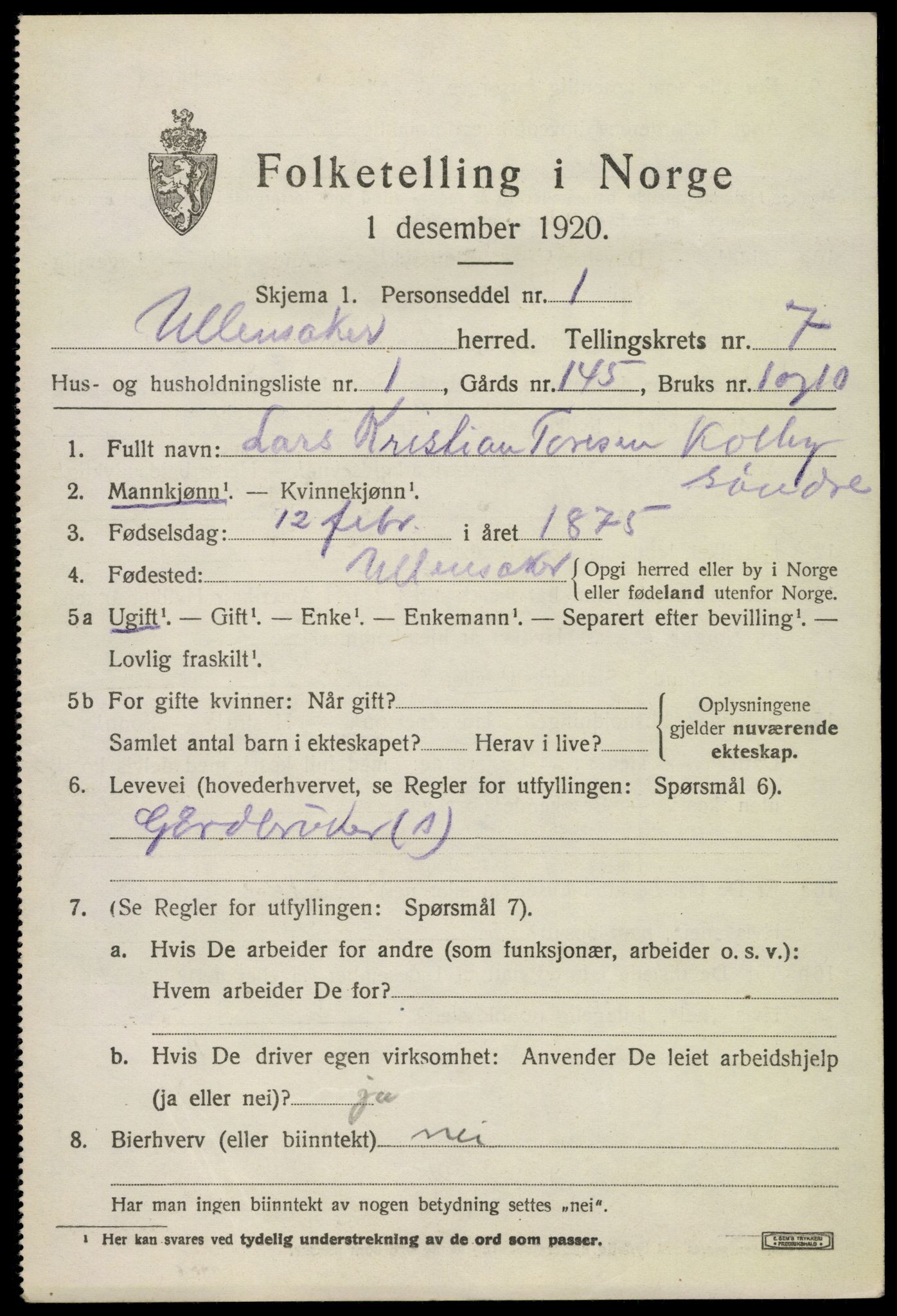 SAO, 1920 census for Ullensaker, 1920, p. 12873