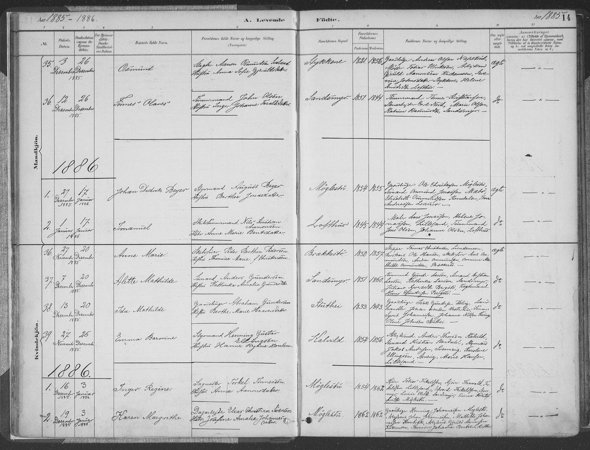 Vestre Moland sokneprestkontor, SAK/1111-0046/F/Fa/Fab/L0009: Parish register (official) no. A 9, 1884-1899, p. 14