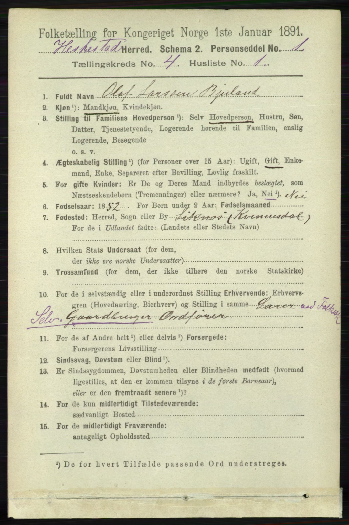 RA, 1891 census for 1113 Heskestad, 1891, p. 542