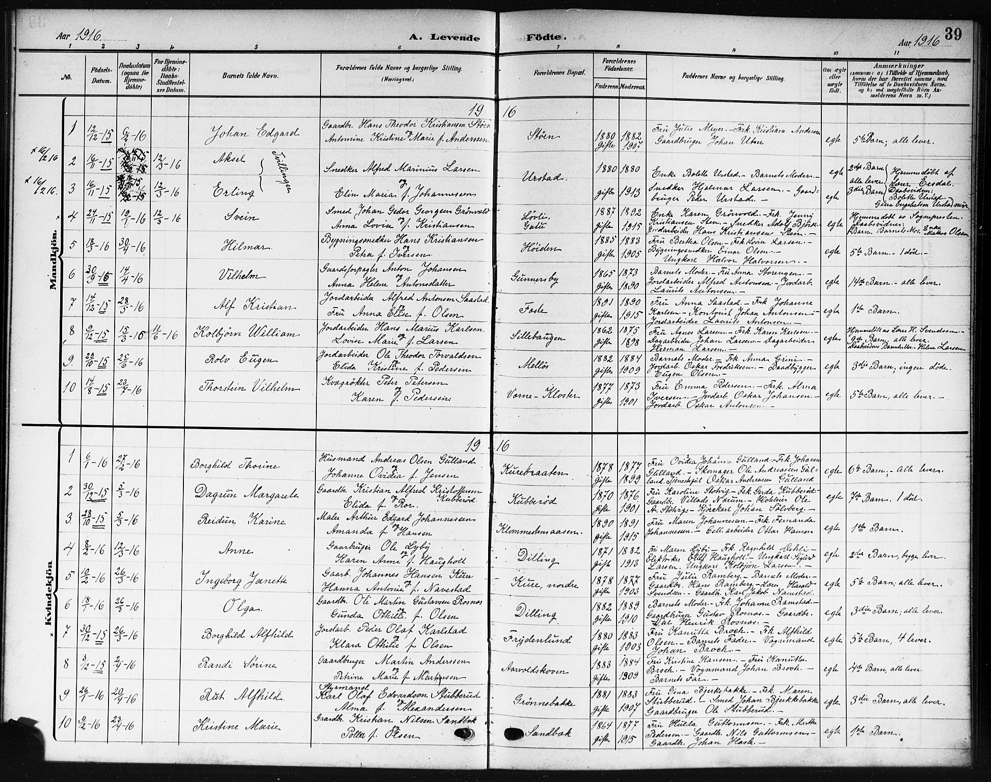Rygge prestekontor Kirkebøker, AV/SAO-A-10084b/G/Ga/L0003: Parish register (copy) no. 3, 1906-1921, p. 39