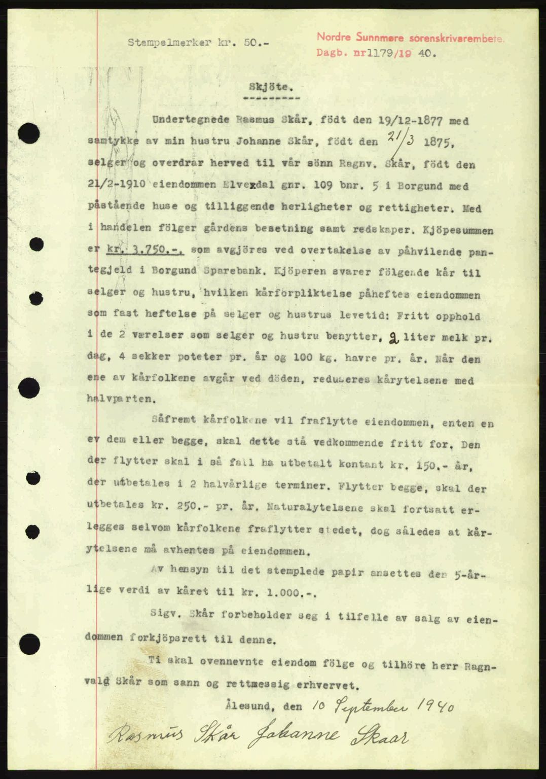 Nordre Sunnmøre sorenskriveri, AV/SAT-A-0006/1/2/2C/2Ca: Mortgage book no. A9, 1940-1940, Diary no: : 1179/1940