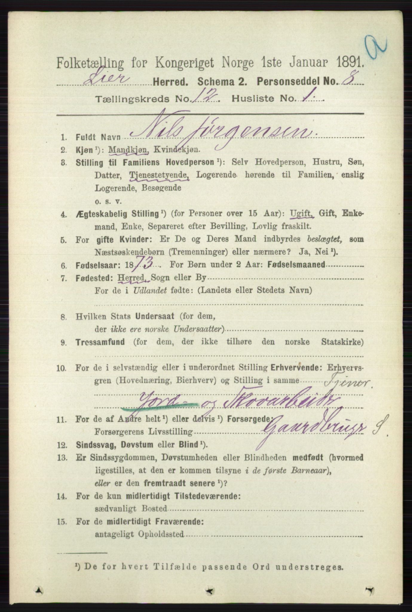 RA, 1891 census for 0626 Lier, 1891, p. 7370