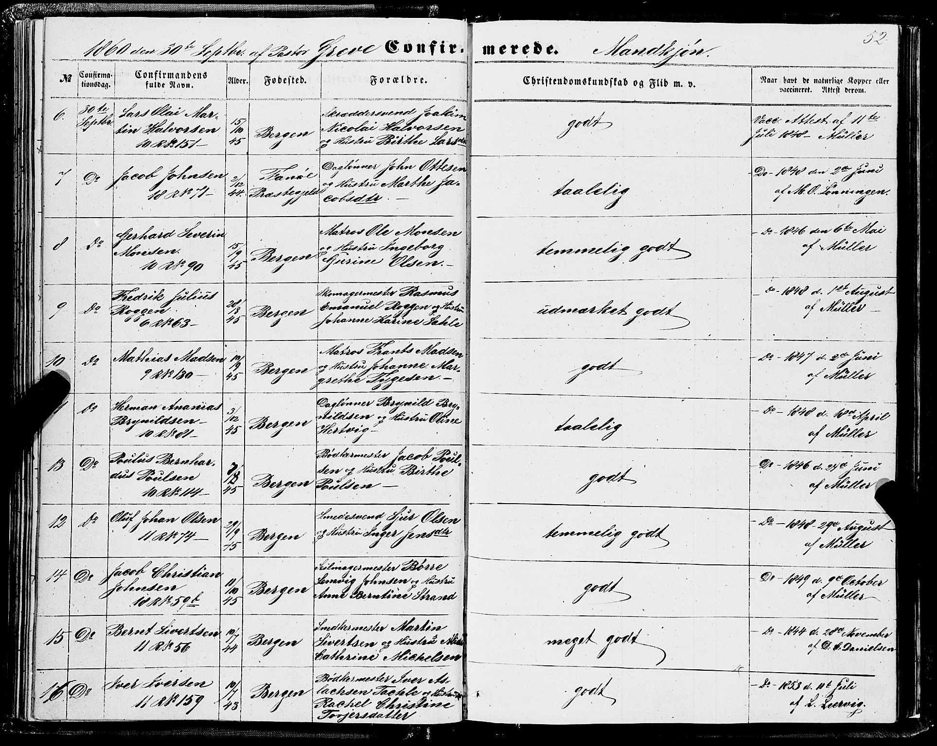 Domkirken sokneprestembete, AV/SAB-A-74801/H/Haa/L0028: Parish register (official) no. C 3, 1852-1864, p. 52