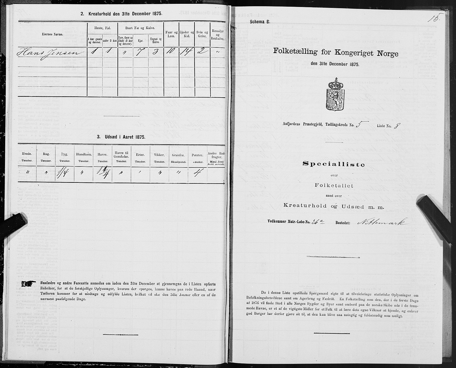 SAT, 1875 census for 1630P Aafjorden, 1875, p. 3015