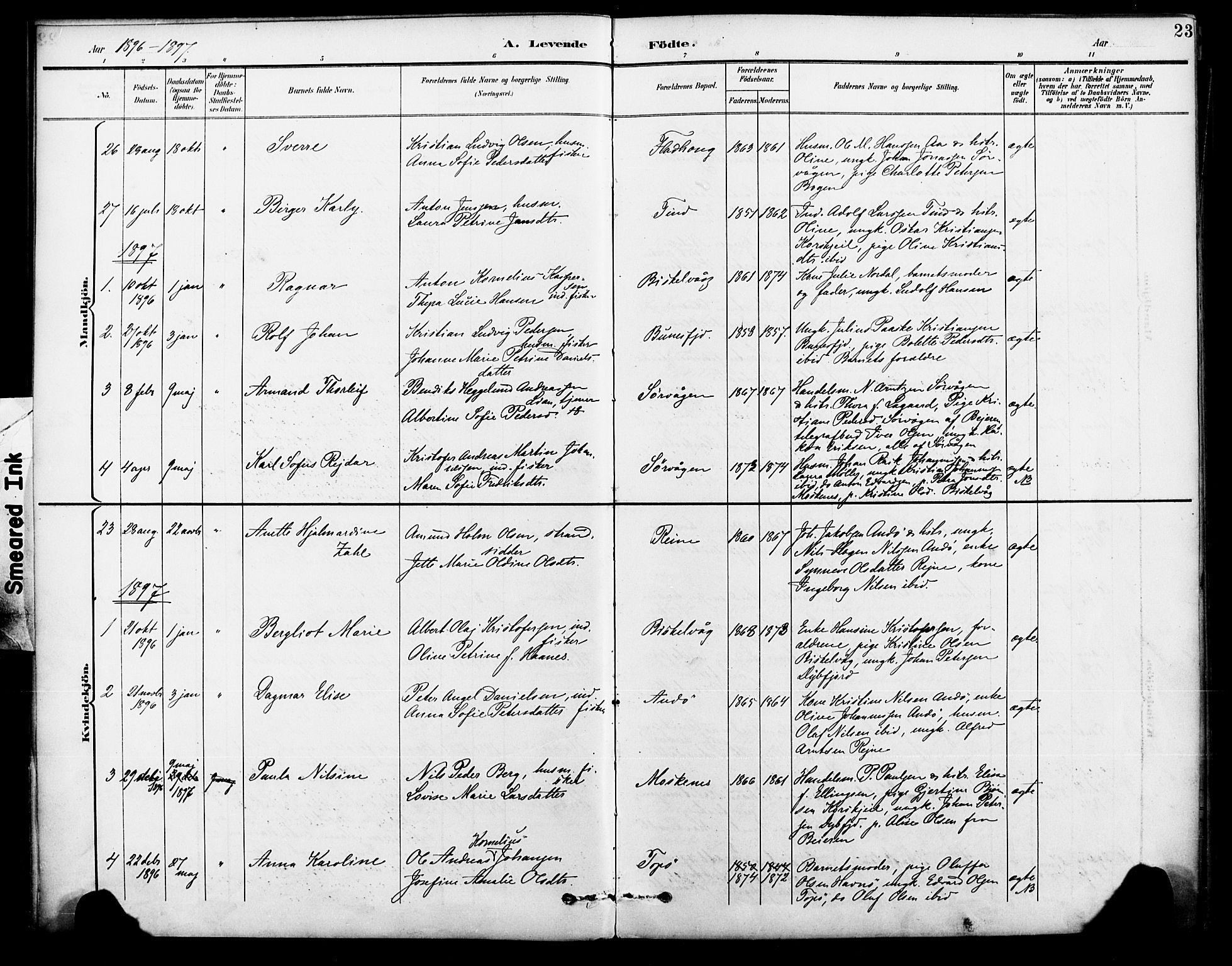 Ministerialprotokoller, klokkerbøker og fødselsregistre - Nordland, SAT/A-1459/886/L1220: Parish register (official) no. 886A02, 1892-1903, p. 23