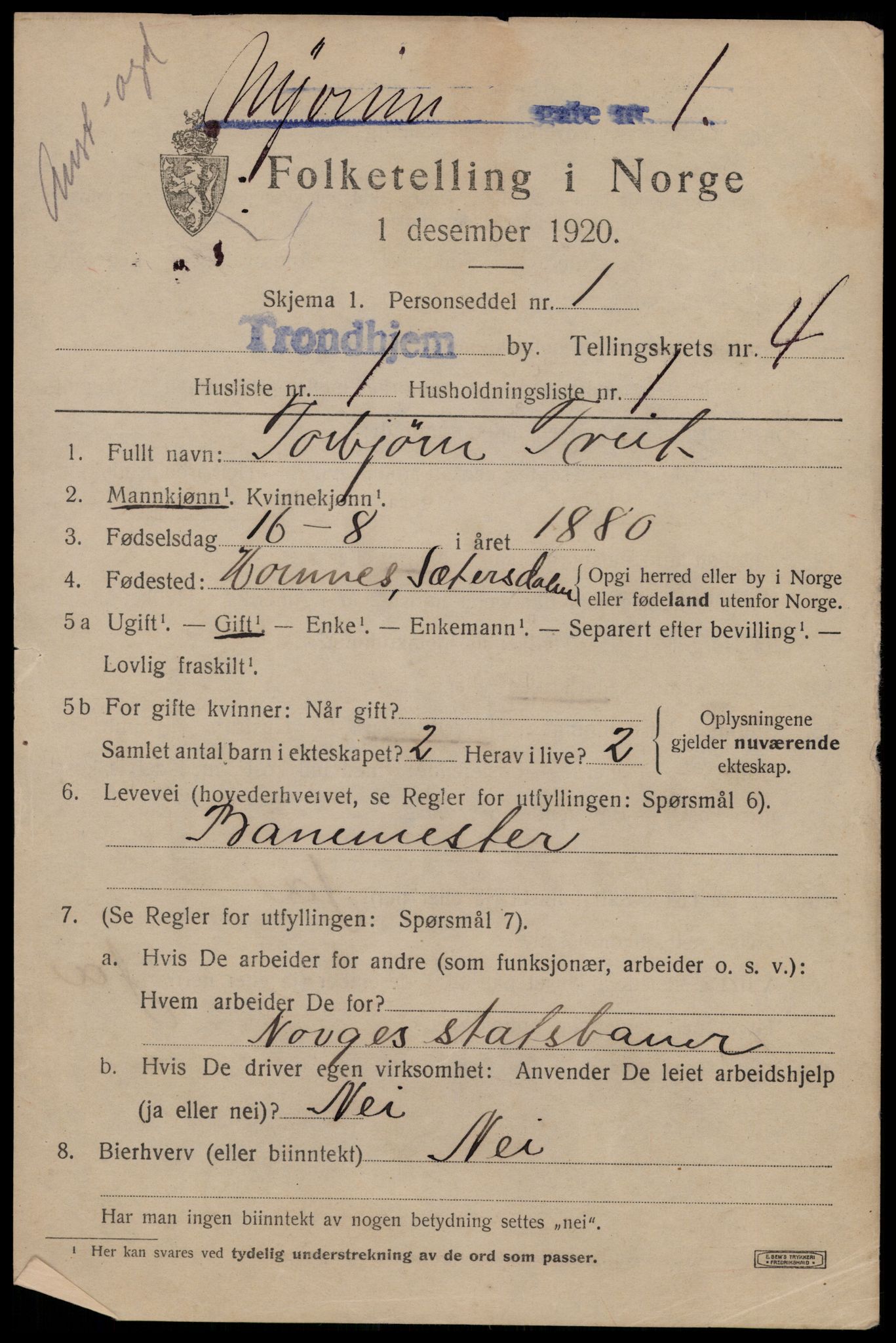 SAT, 1920 census for Trondheim, 1920, p. 36886