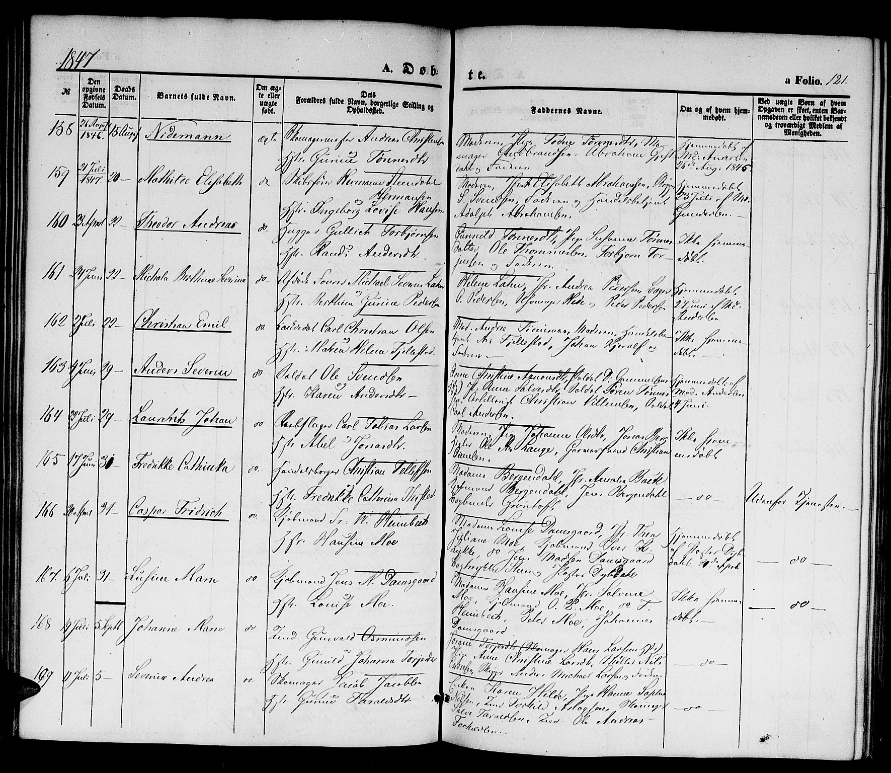 Kristiansand domprosti, SAK/1112-0006/F/Fb/L0010: Parish register (copy) no. B 10, 1843-1850, p. 121