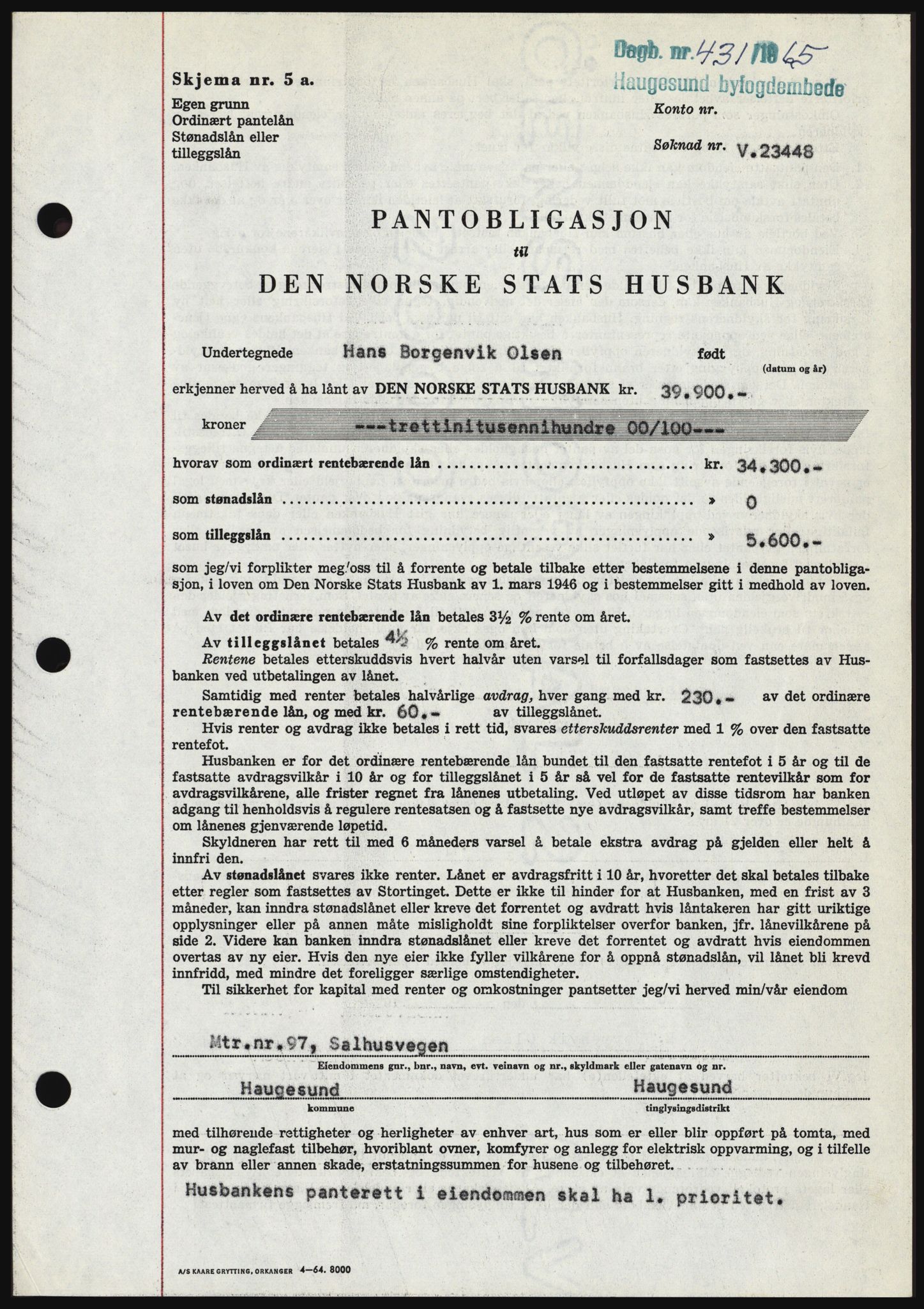 Haugesund tingrett, SAST/A-101415/01/II/IIC/L0053: Mortgage book no. B 53, 1965-1965, Diary no: : 431/1965