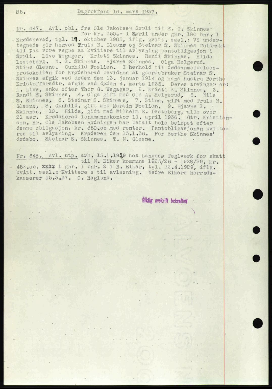 Eiker, Modum og Sigdal sorenskriveri, SAKO/A-123/G/Ga/Gab/L0035: Mortgage book no. A5, 1937-1937, Diary no: : 647/1937